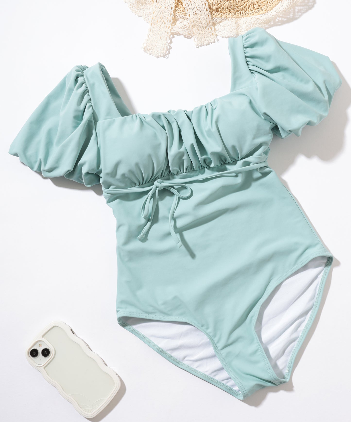 パフスリーブ バックレースアップ スクエアネック ワンピース 水着