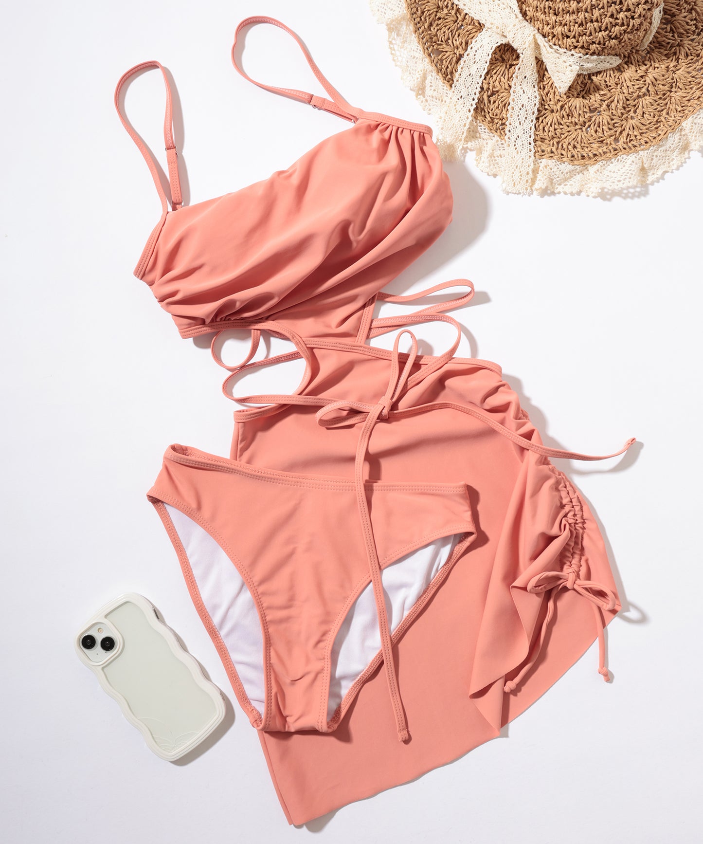 【2点セット】サイドオープン ドローストリング ワンピース ショーツ付き セパレート水着