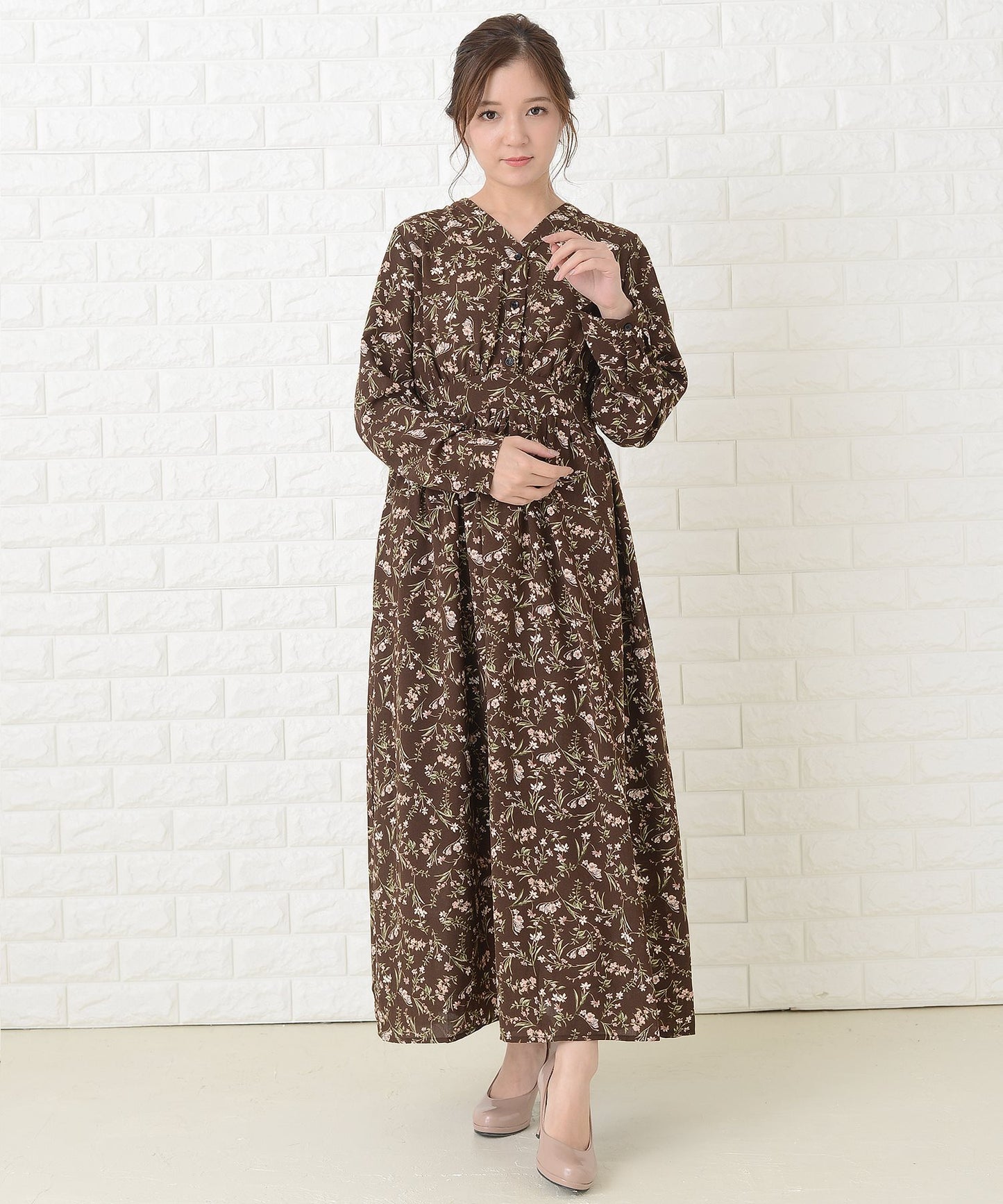花柄フレア 長袖 Vネック ロングワンピース