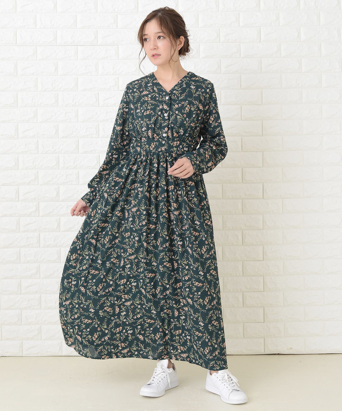 花柄フレア 長袖 Vネック ロングワンピース