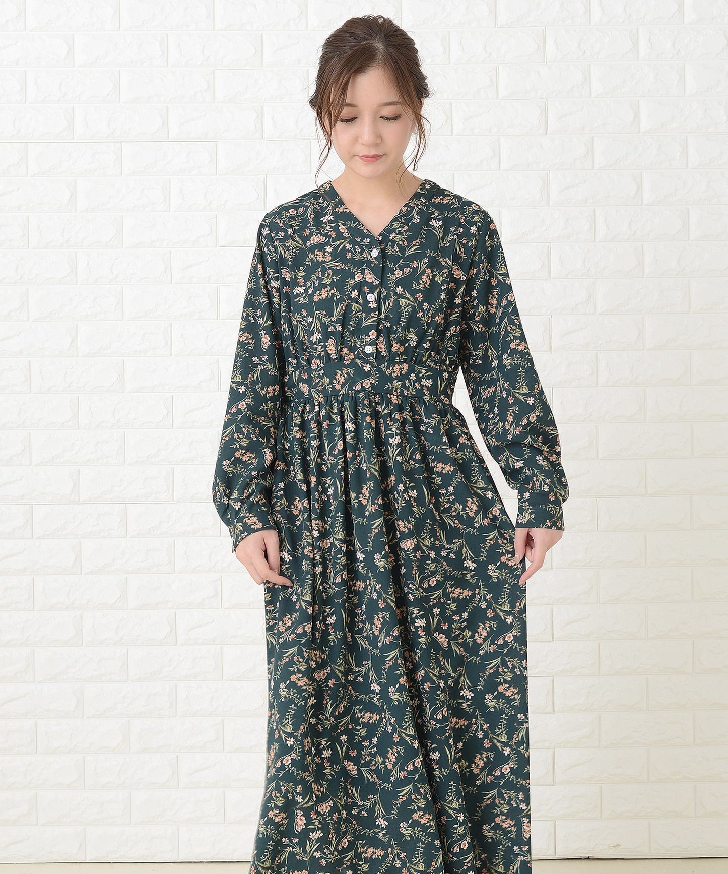 花柄フレア 長袖 Vネック ロングワンピース