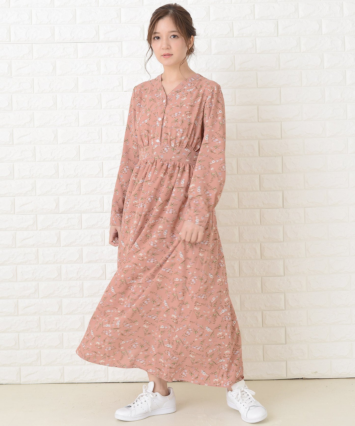 花柄フレア 長袖 Vネック ロングワンピース