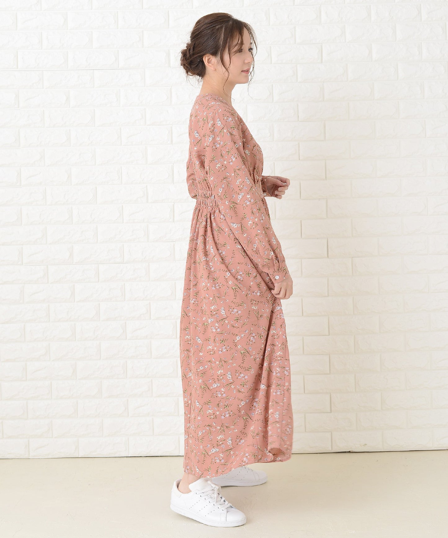 花柄フレア 長袖 Vネック ロングワンピース