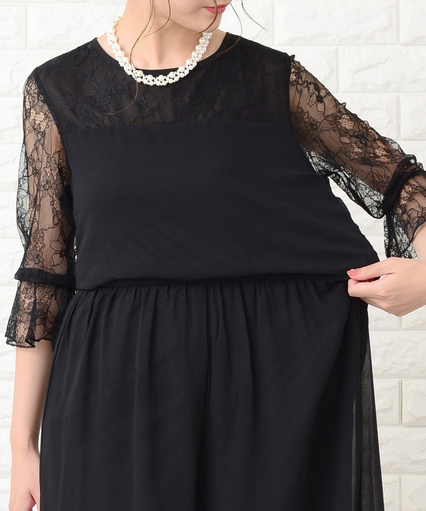 袖レースウエストゴムシフォンフォーマルロングパンツドレス