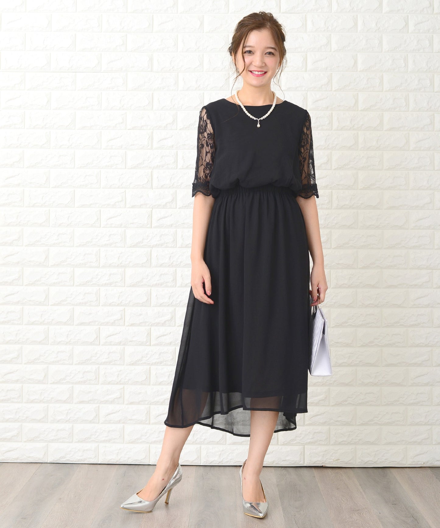 花柄袖レースフィッシュテールフォーマルワンピースドレス