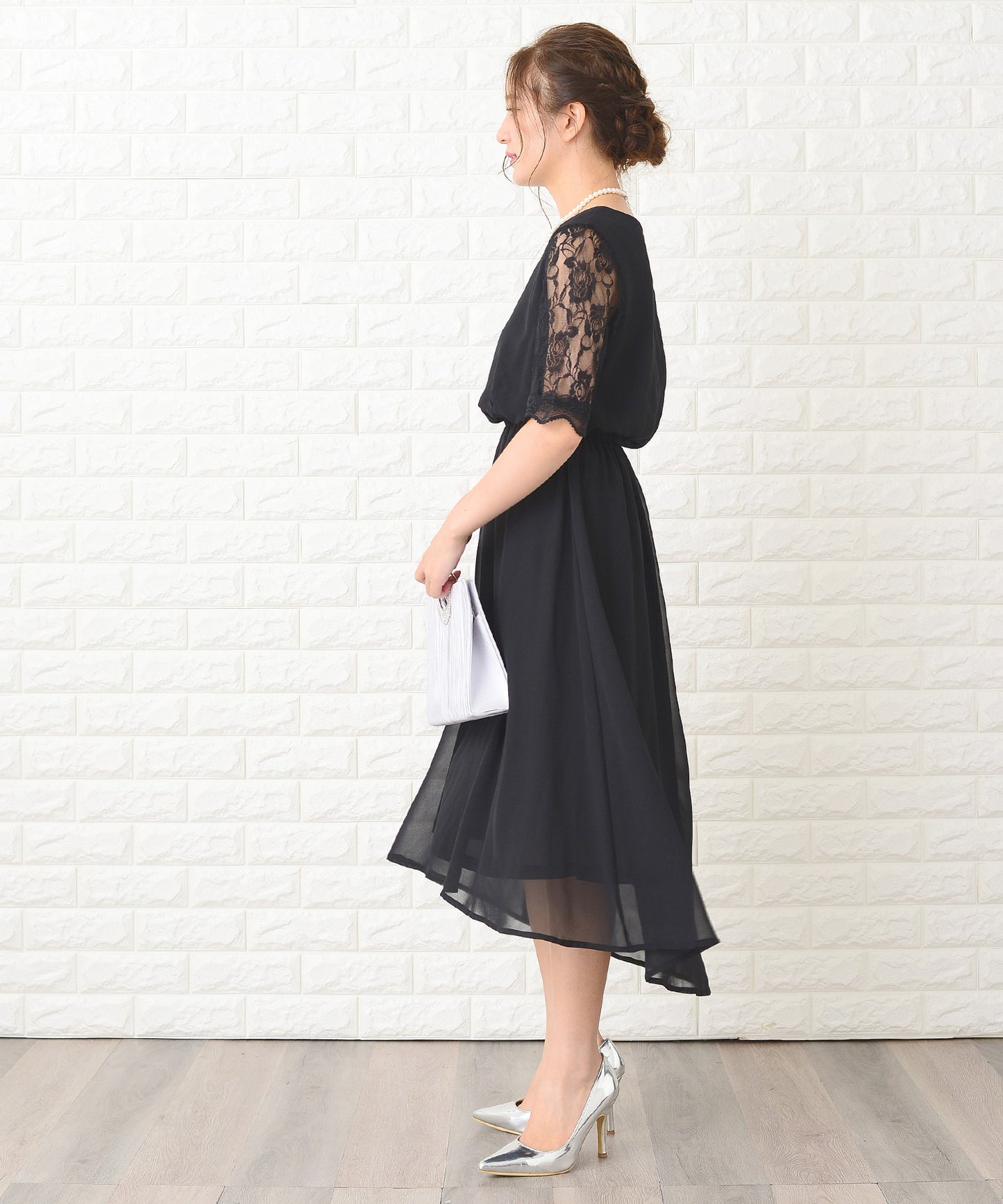 花柄袖レースフィッシュテールフォーマルワンピースドレス