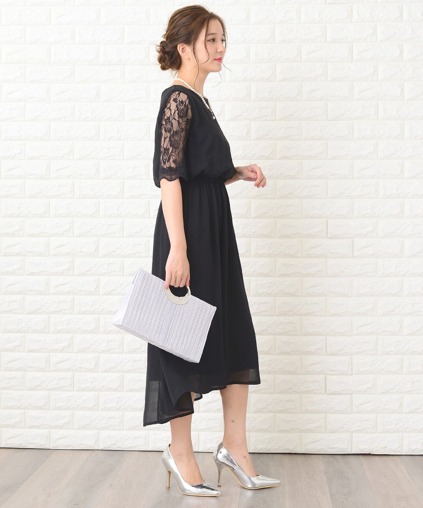 花柄袖レースフィッシュテールフォーマルワンピースドレス