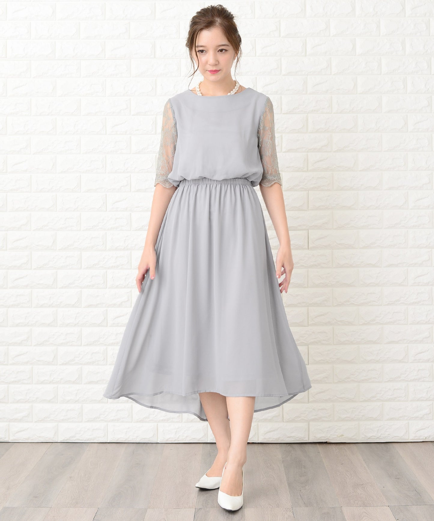 花柄袖レースフィッシュテールフォーマルワンピースドレス