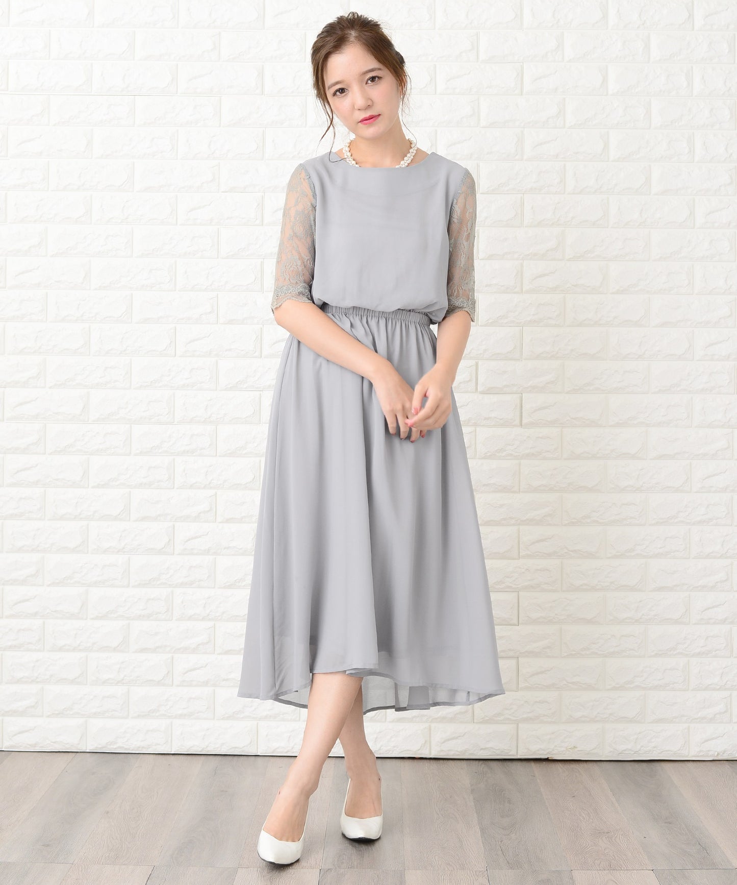 花柄袖レースフィッシュテールフォーマルワンピースドレス