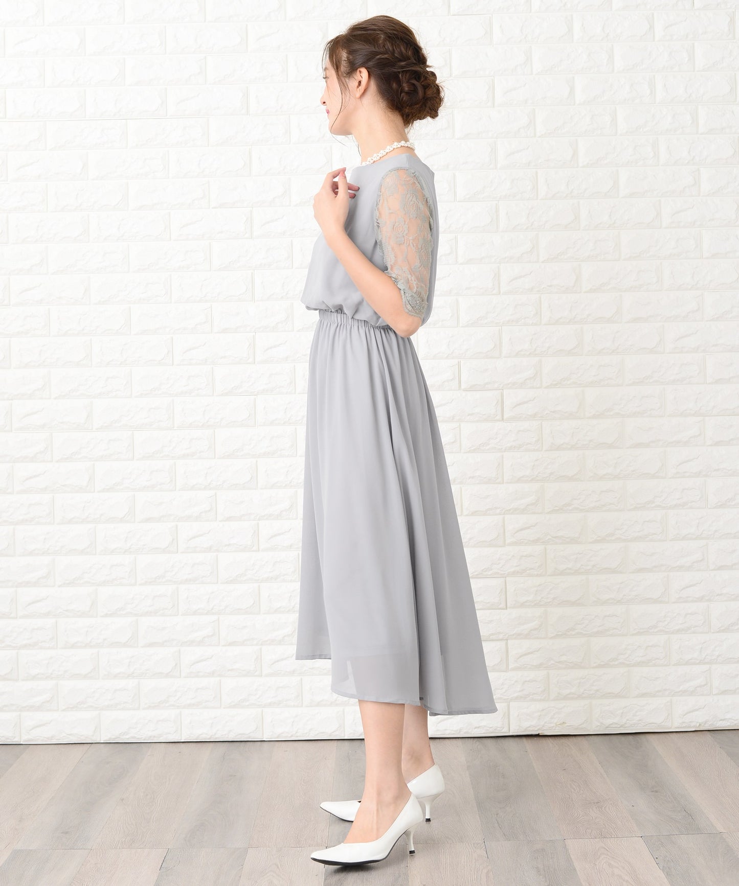 花柄袖レースフィッシュテールフォーマルワンピースドレス