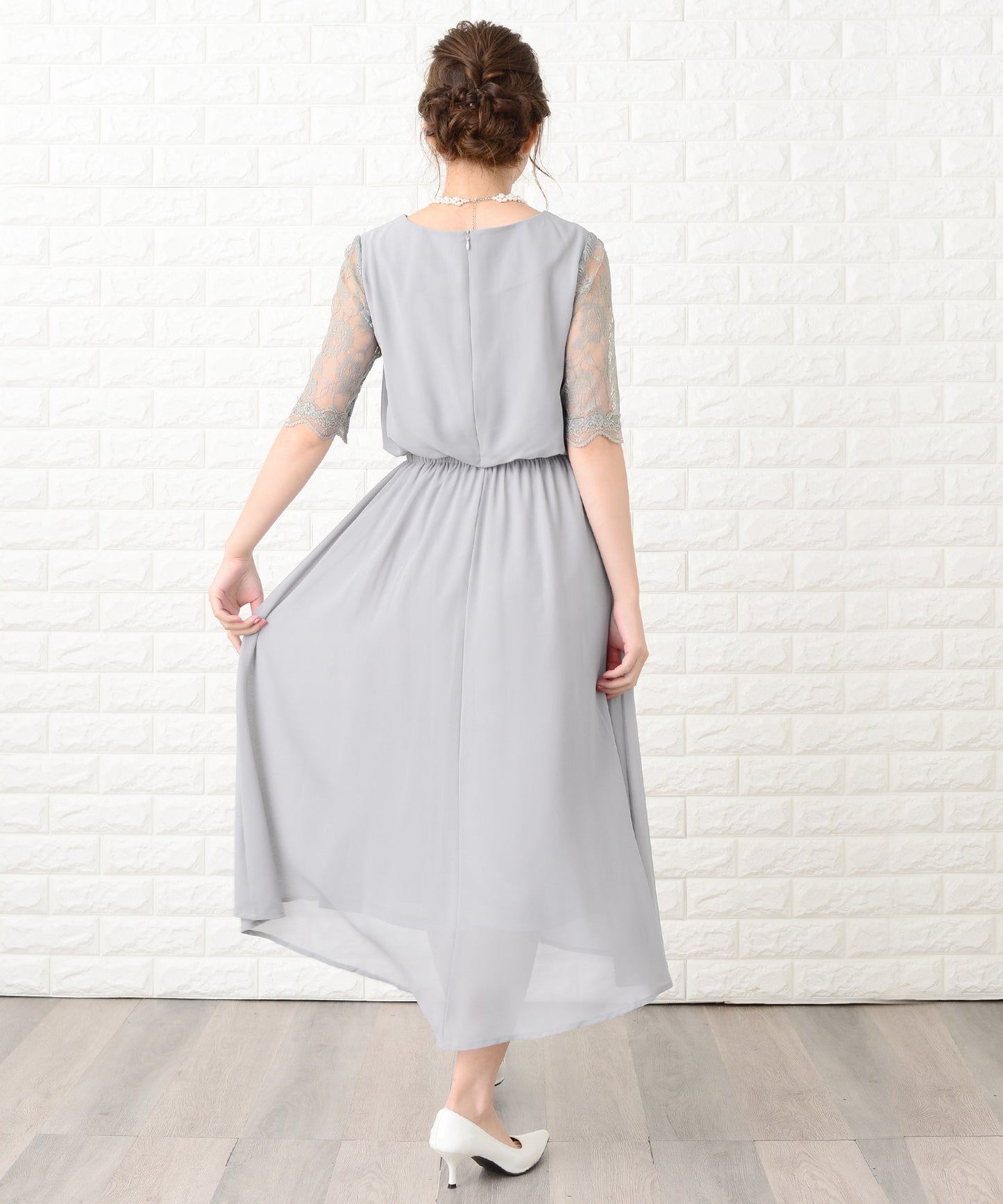 花柄袖レースフィッシュテールフォーマルワンピースドレス