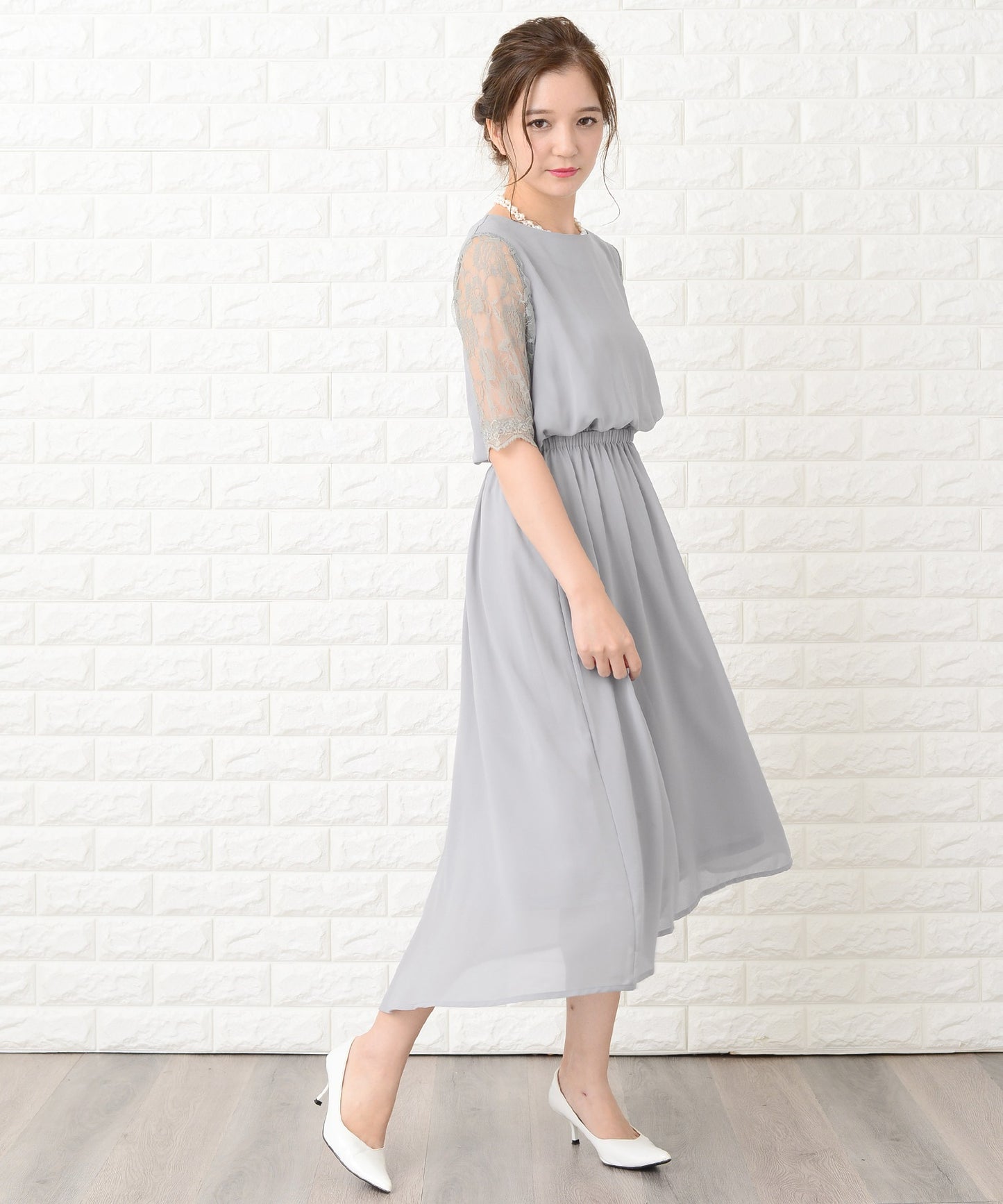 花柄袖レースフィッシュテールフォーマルワンピースドレス