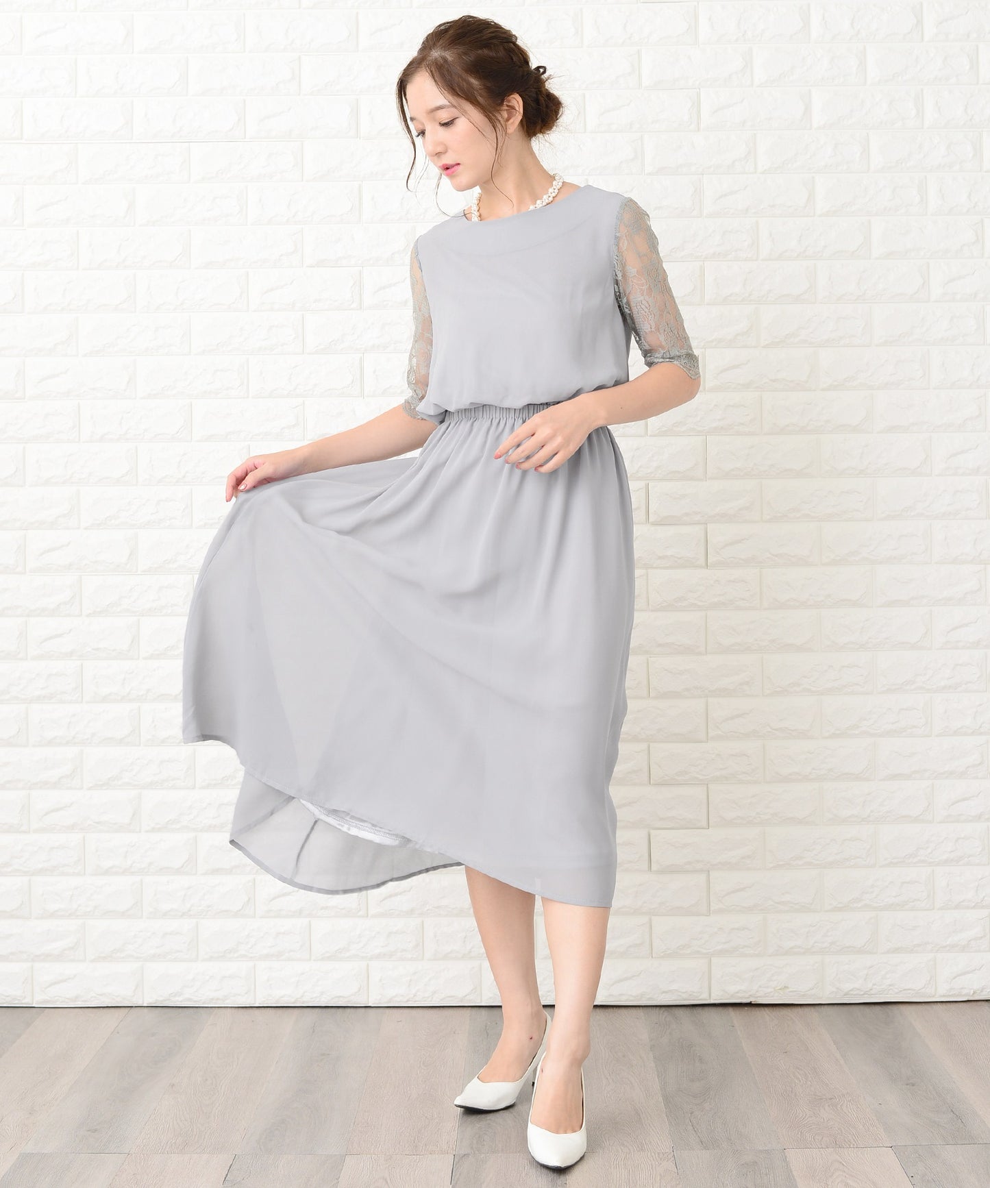 花柄袖レースフィッシュテールフォーマルワンピースドレス