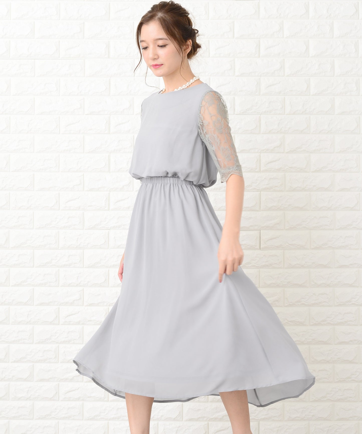 花柄袖レースフィッシュテールフォーマルワンピースドレス