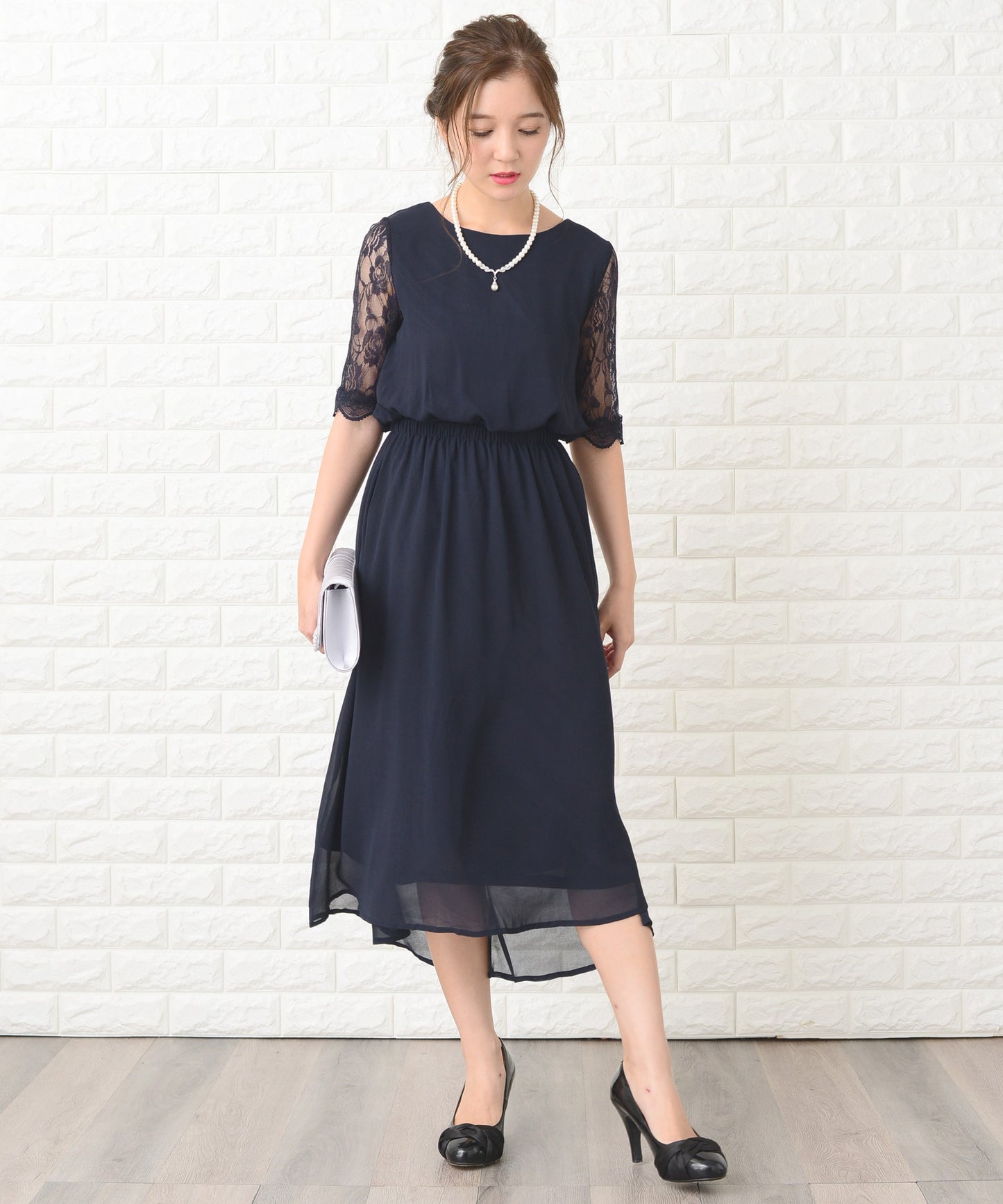 花柄袖レースフィッシュテールフォーマルワンピースドレス