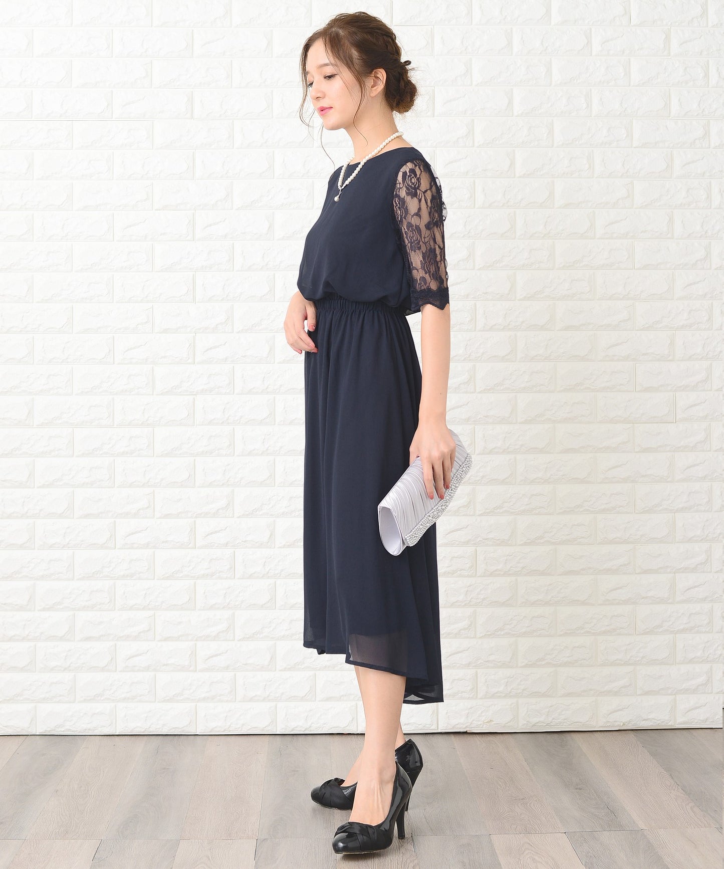 花柄袖レースフィッシュテールフォーマルワンピースドレス