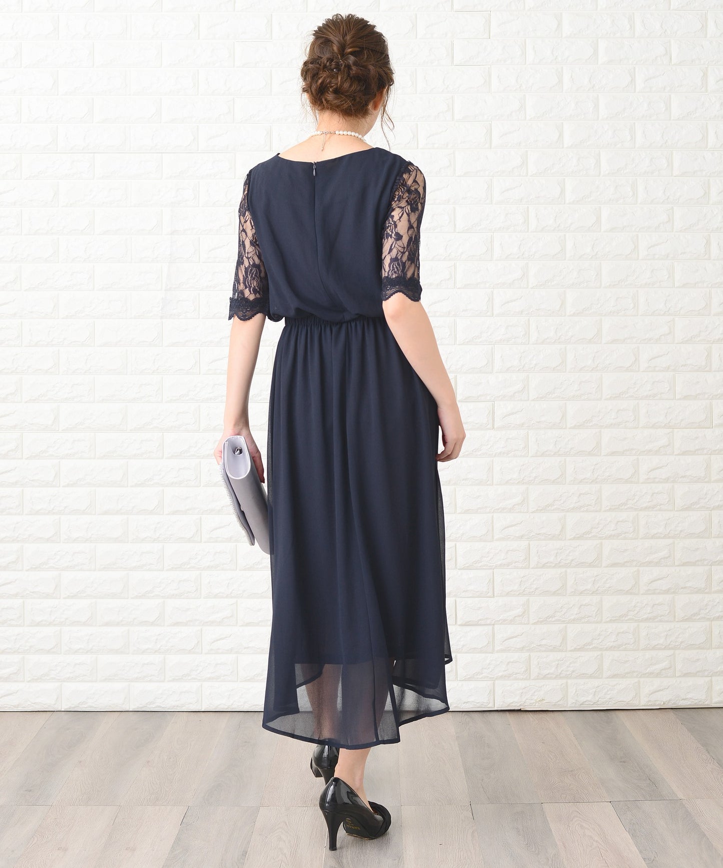 花柄袖レースフィッシュテールフォーマルワンピースドレス