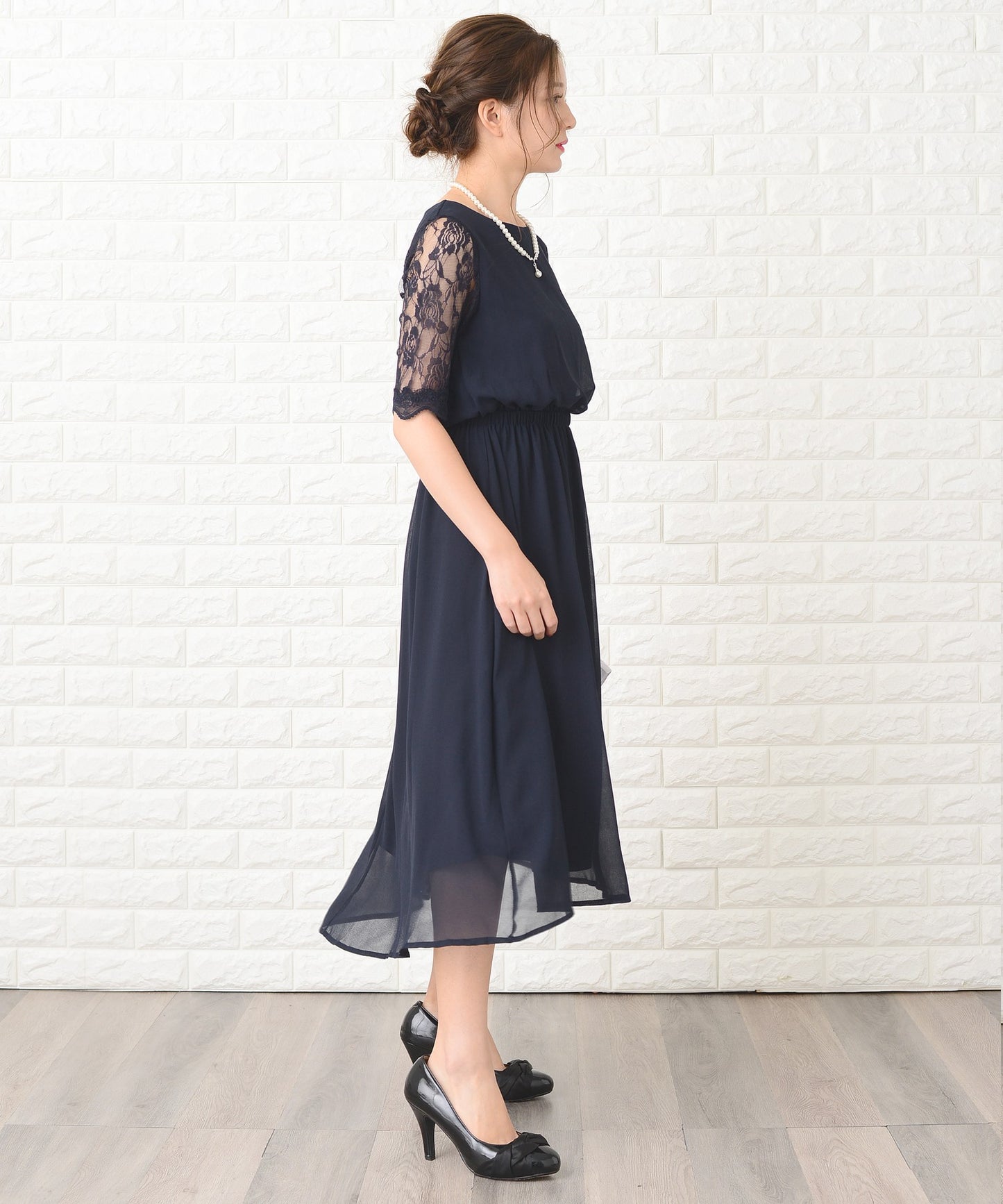 花柄袖レースフィッシュテールフォーマルワンピースドレス