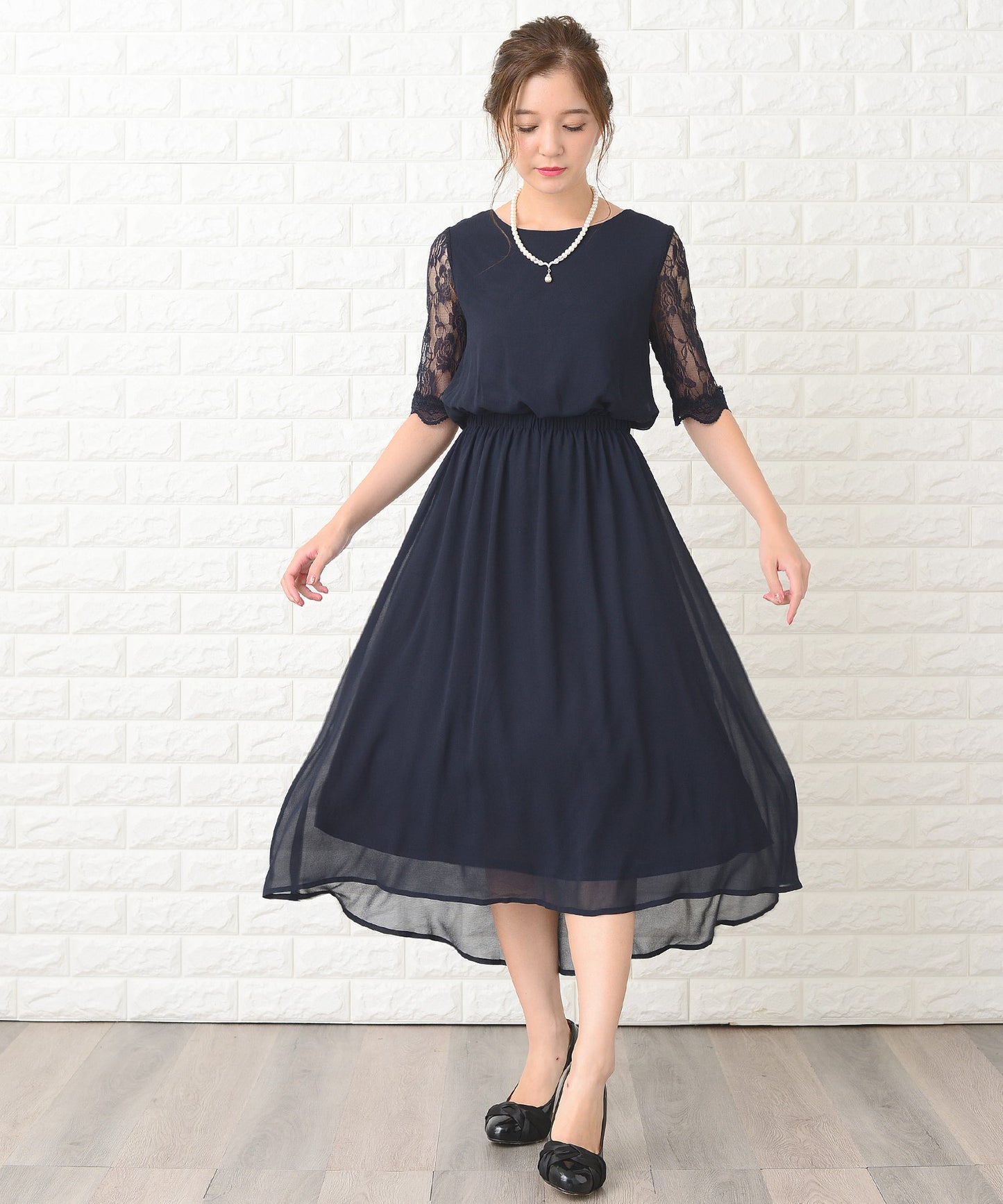 花柄袖レースフィッシュテールフォーマルワンピースドレス