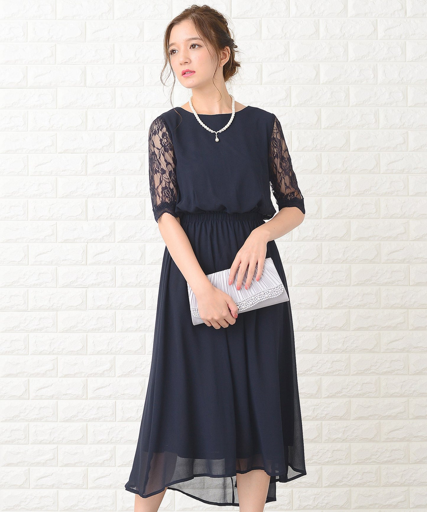 花柄袖レースフィッシュテールフォーマルワンピースドレス