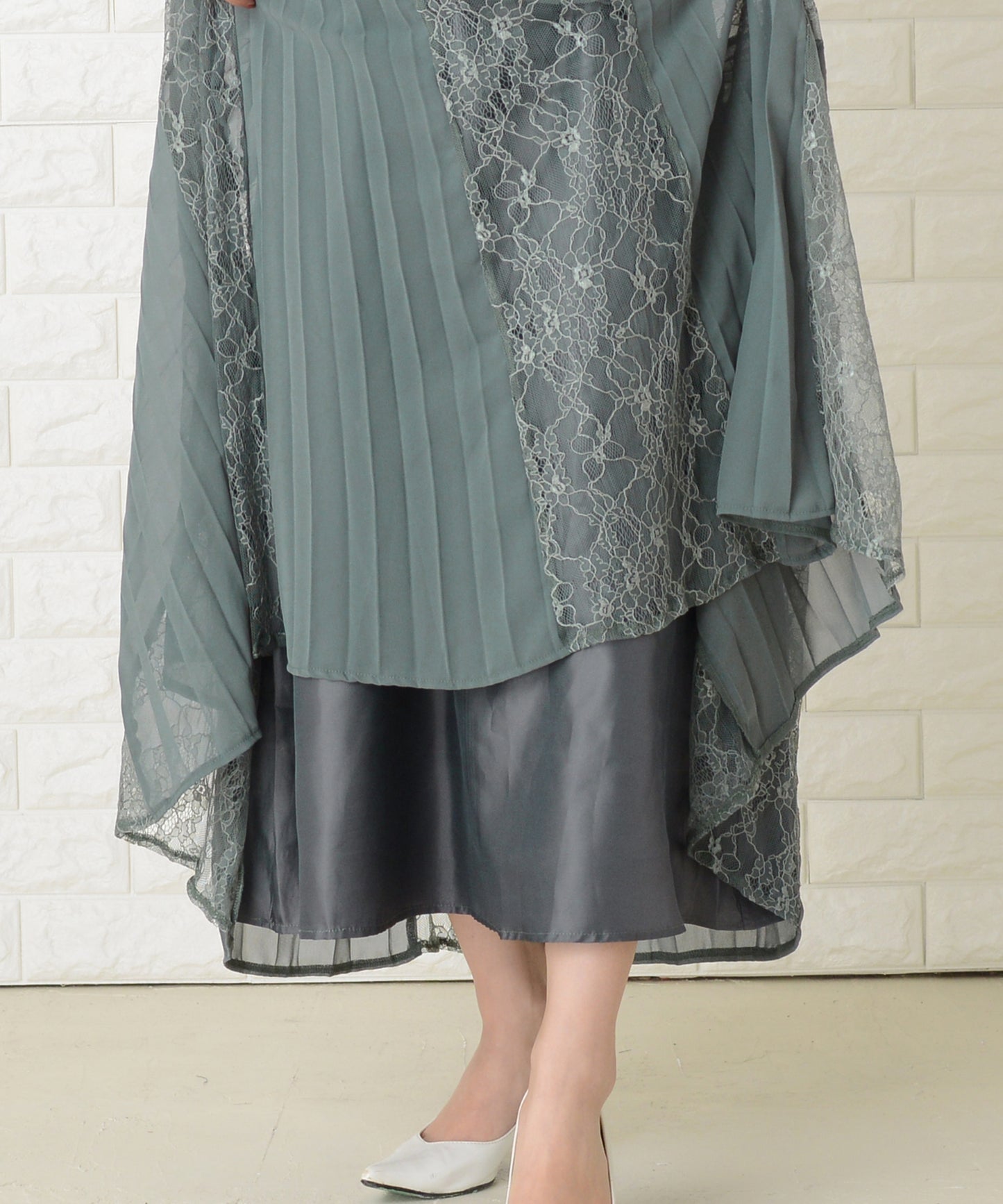 袖無しシフォンレースロングワンピースドレス