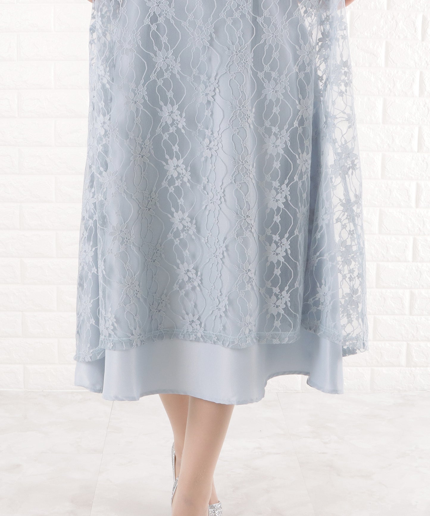 パワーショルダー総レースロングワンピースドレス