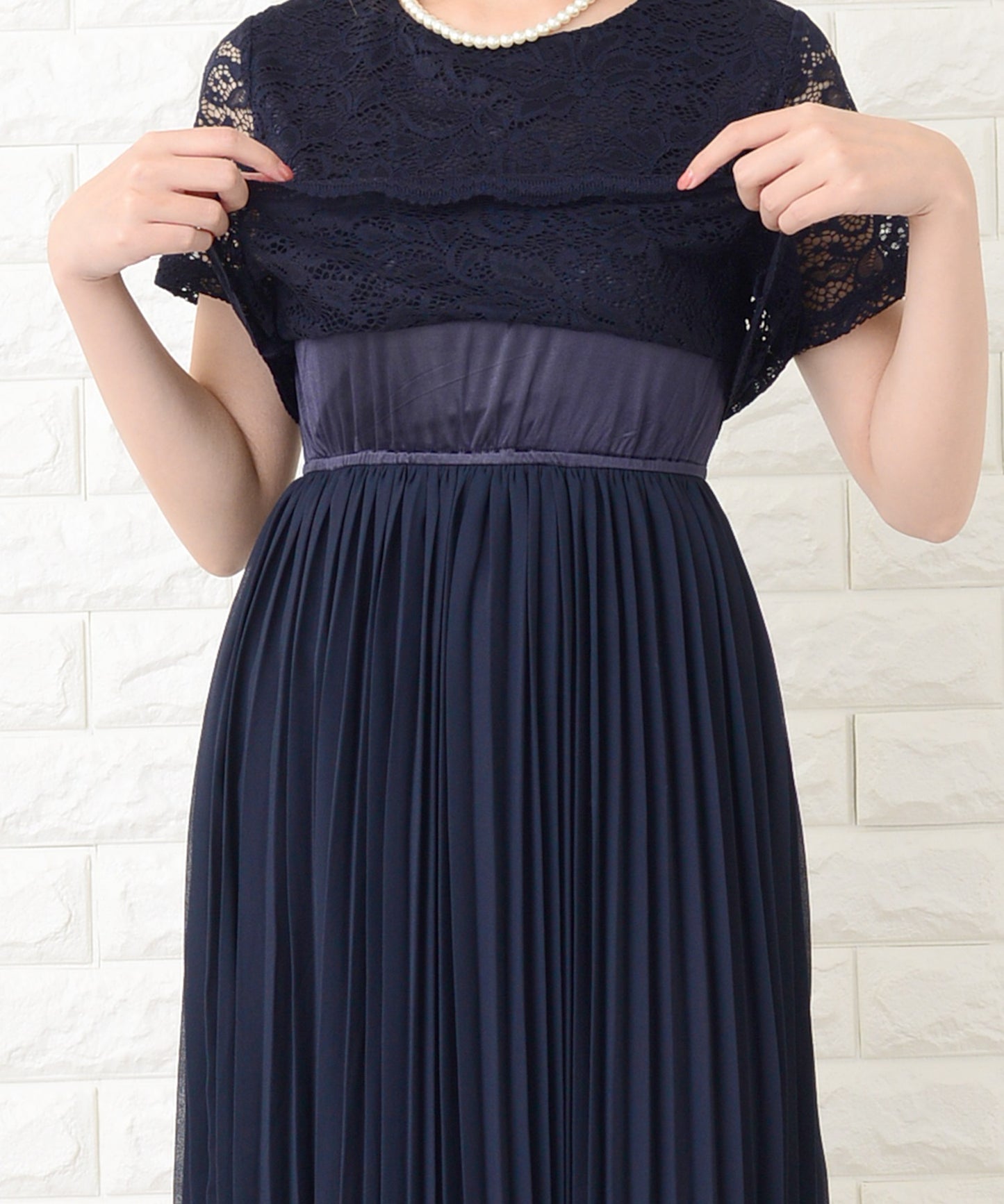 セットアップ風レース半袖×プリーツロングスカート フォーマルワンピース・ドレス