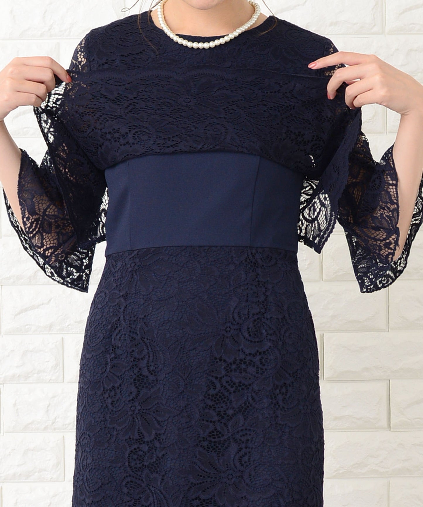 セットアップ風五分袖レースフォーマル膝丈 ワンピース・ドレス