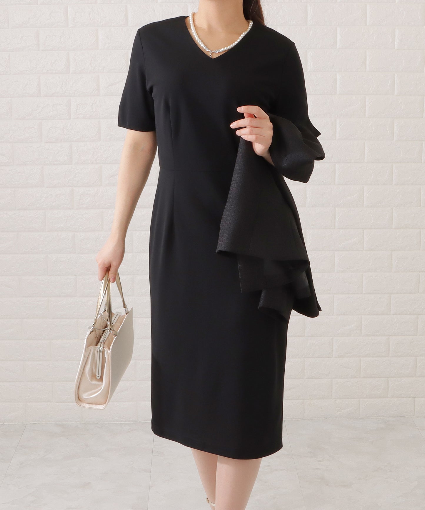 Vネックワンピース×ノーカラージャケット2点セット