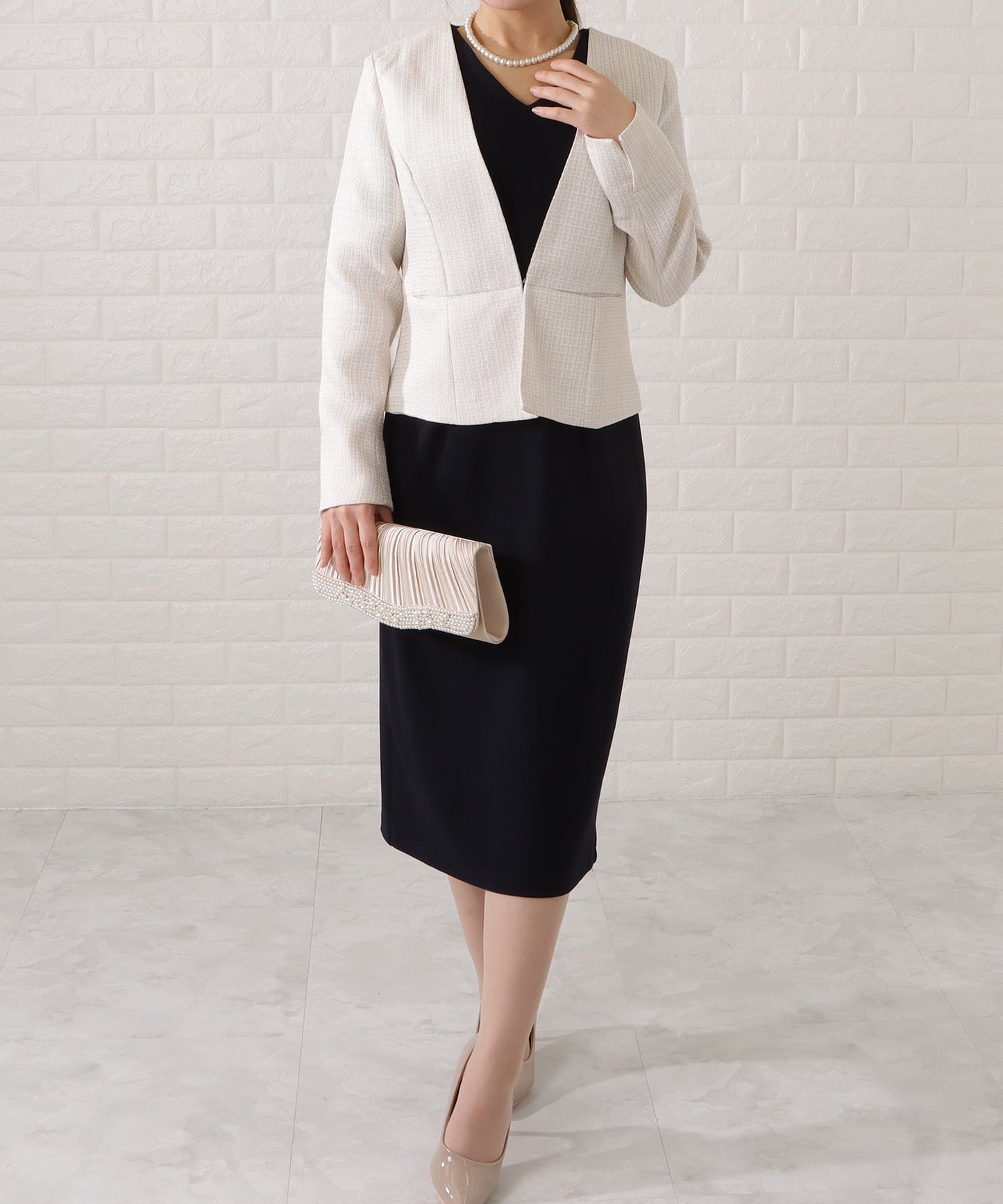 Vネックワンピース×ノーカラージャケット2点セット