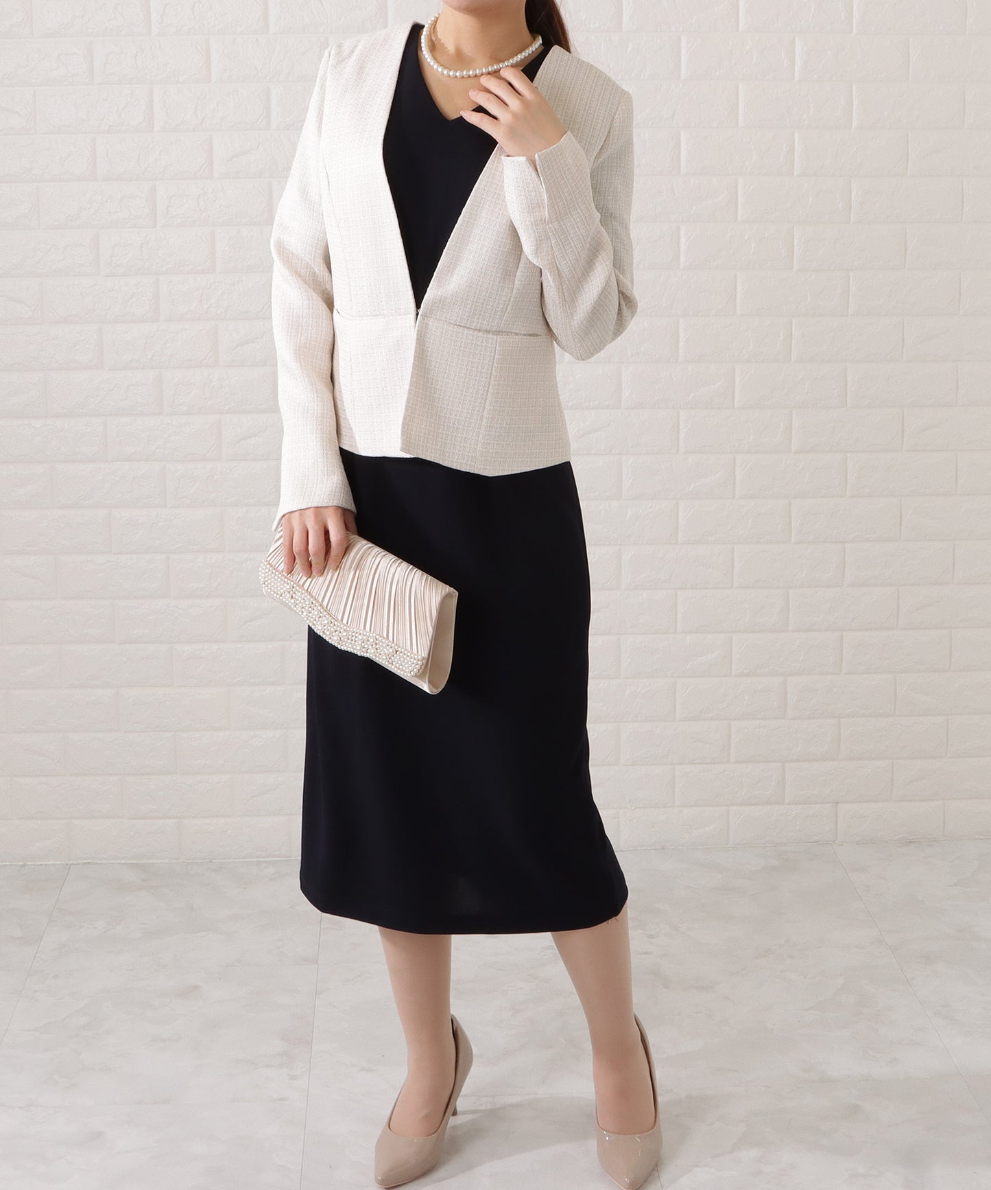 Vネックワンピース×ノーカラージャケット2点セット