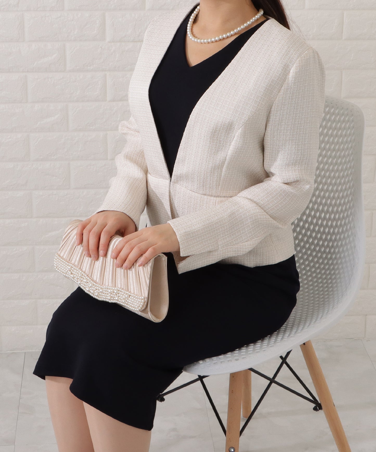 Vネックワンピース×ノーカラージャケット2点セット