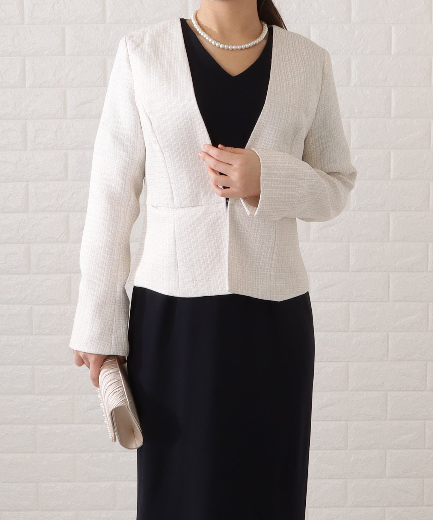 Vネックワンピース×ノーカラージャケット2点セット