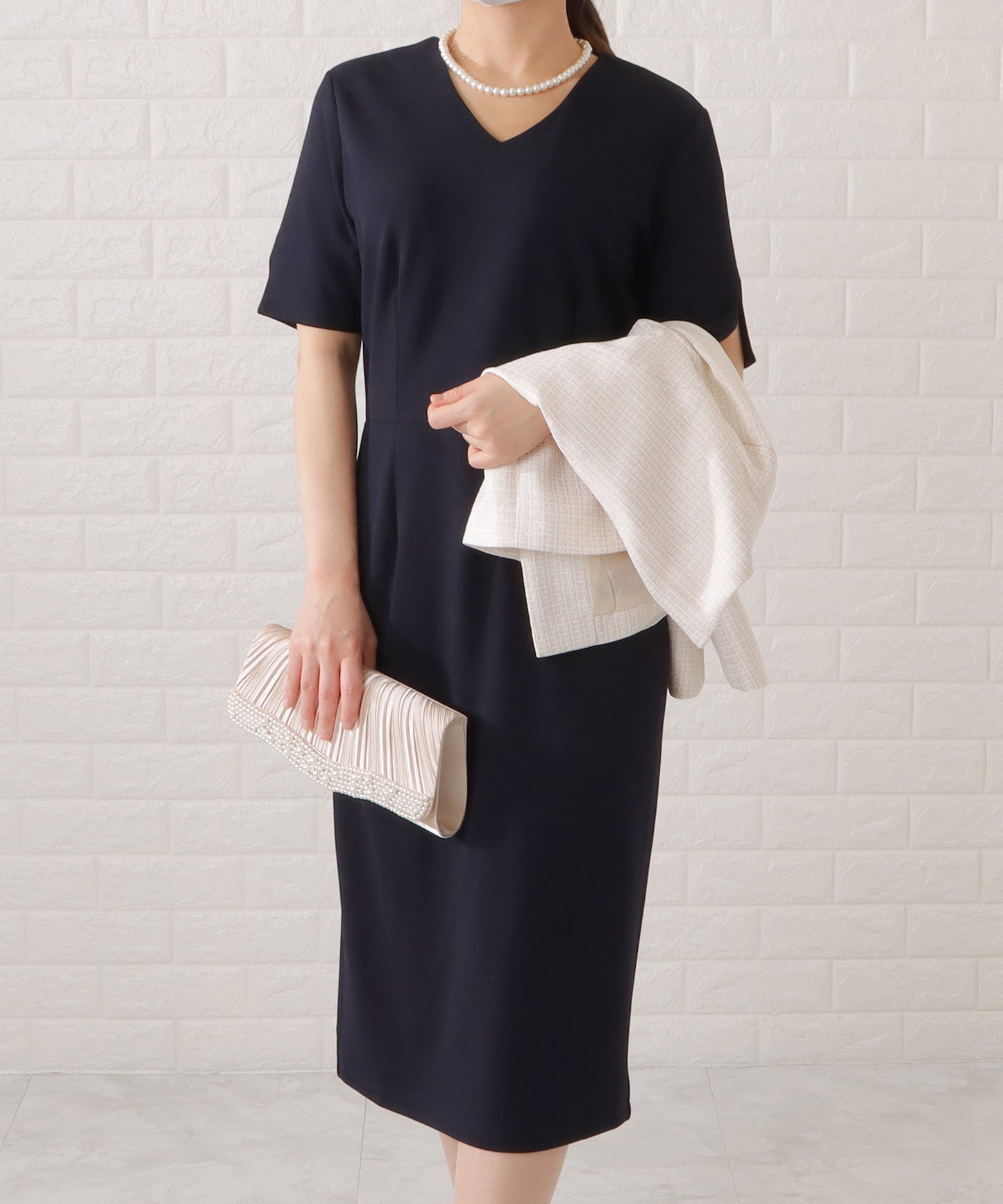 Vネックワンピース×ノーカラージャケット2点セット