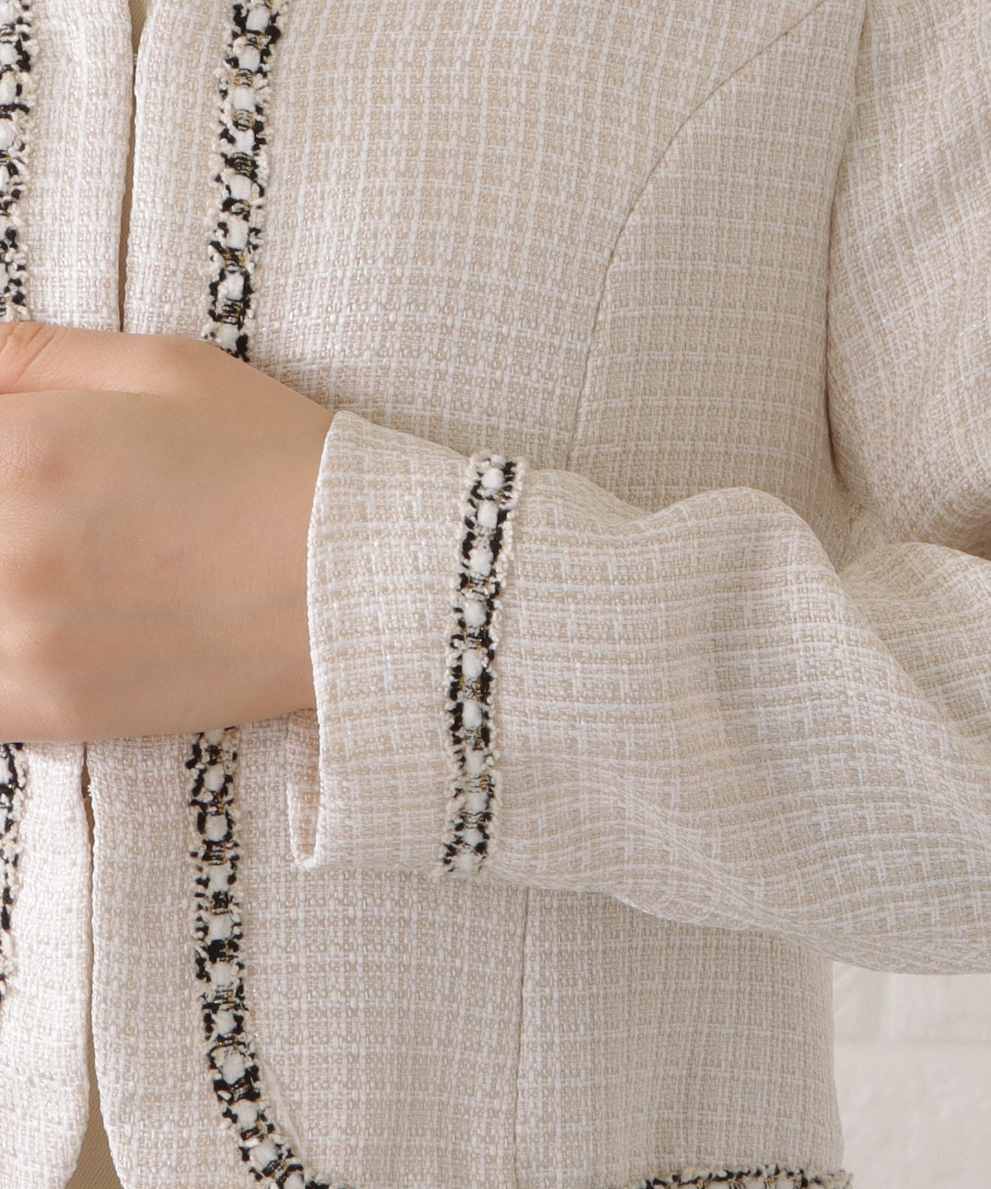 ツイード調ノーカラージャケット&タックフレアワンピースセットアップ