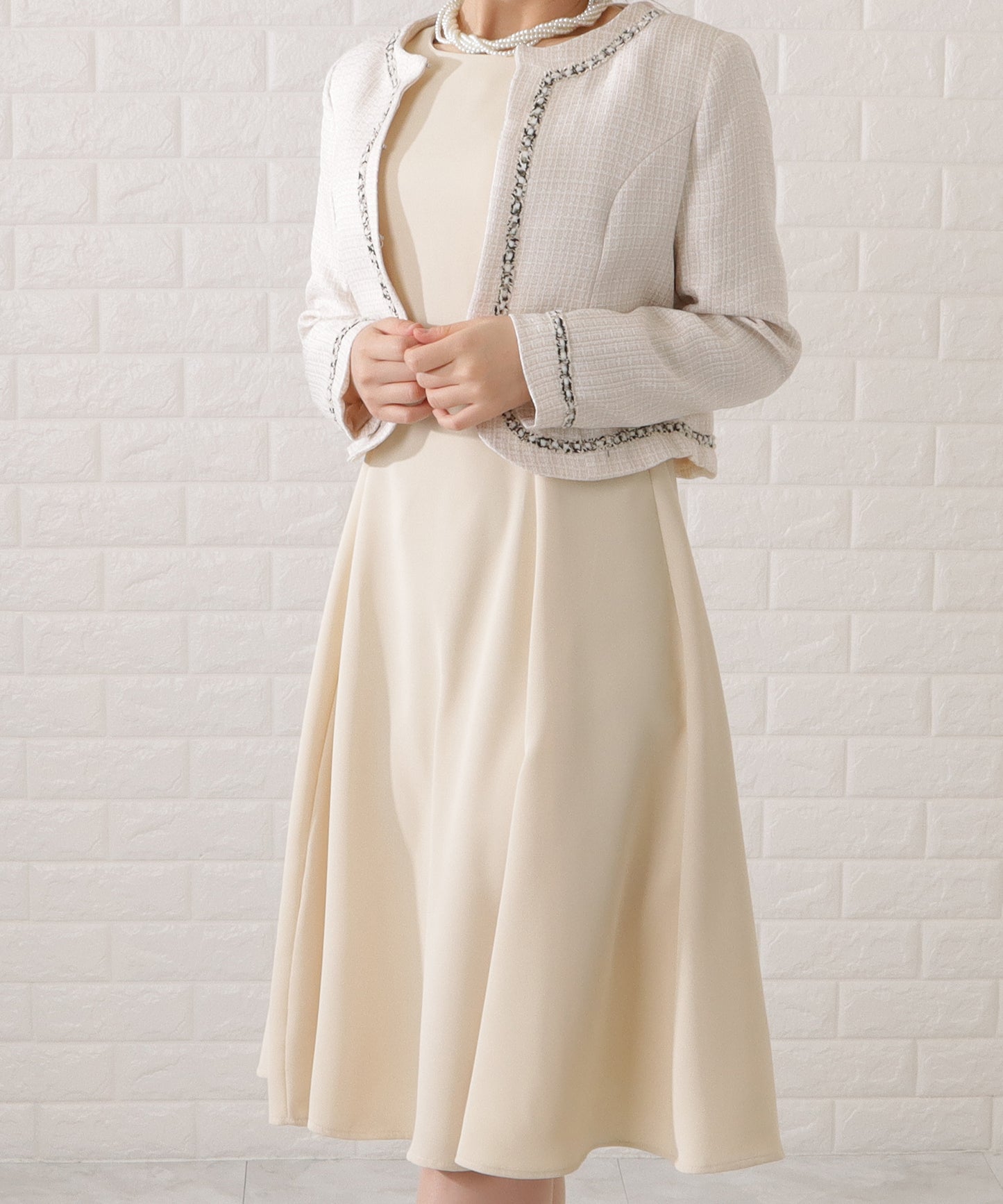 ツイード調ノーカラージャケット&タックフレアワンピースセットアップ