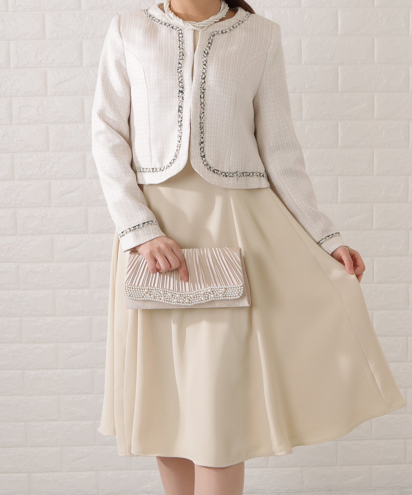 ツイード調ノーカラージャケット&タックフレアワンピースセットアップ