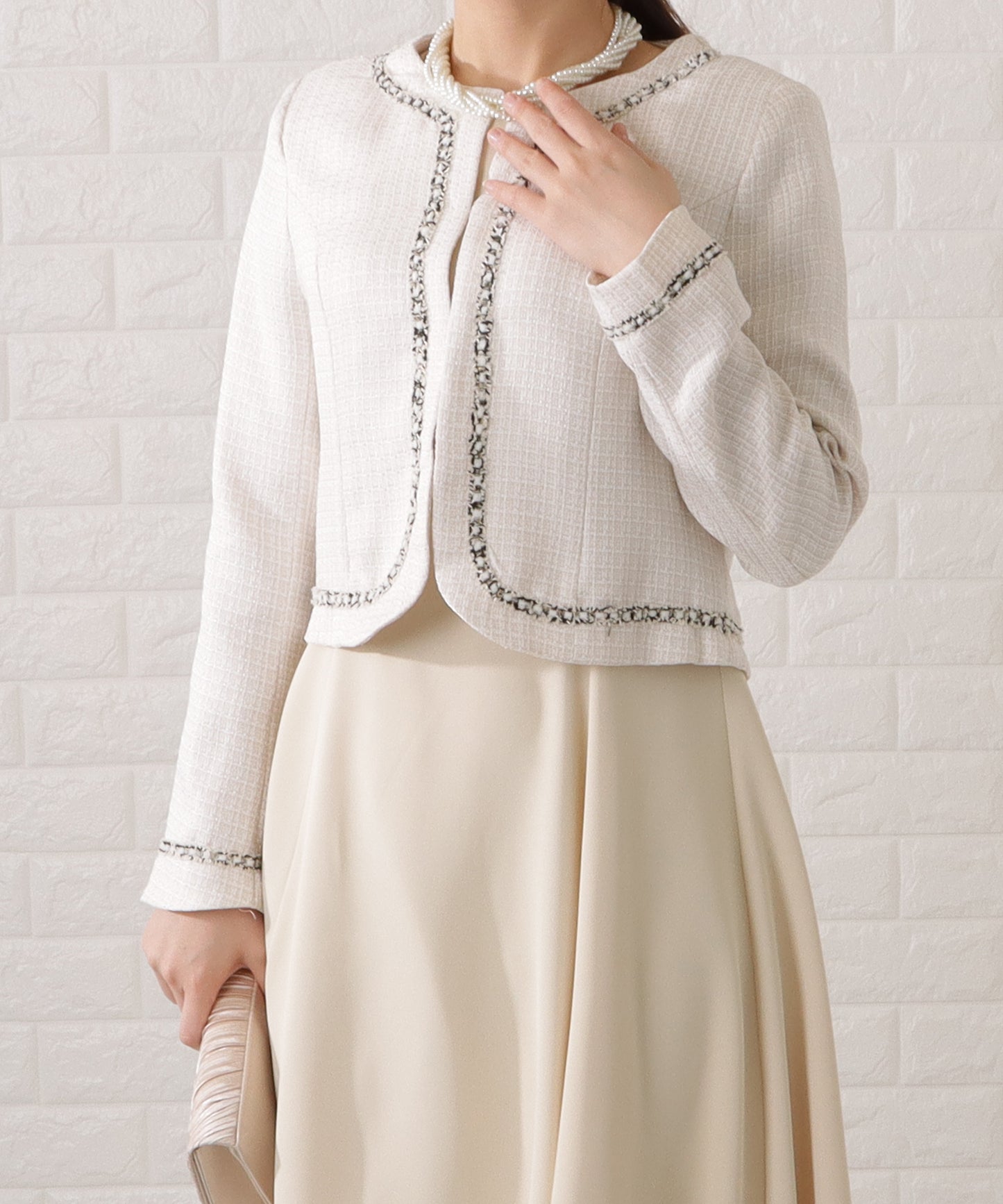 ツイード調ノーカラージャケット&タックフレアワンピースセットアップ