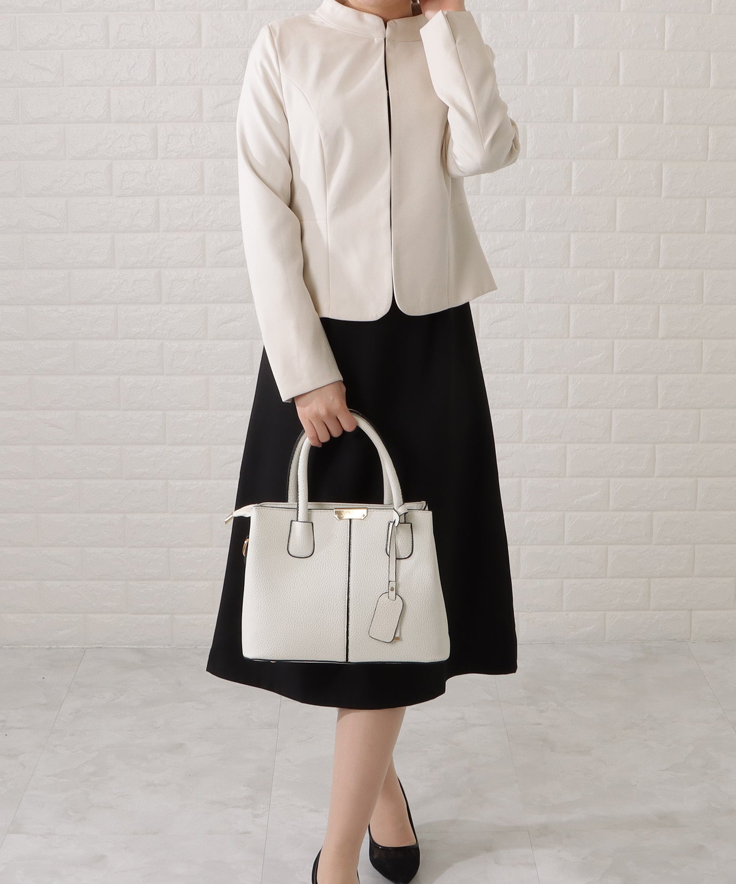 スタンドカラージャケット&セミフレアフェイクレイヤードワンピースセットアップ