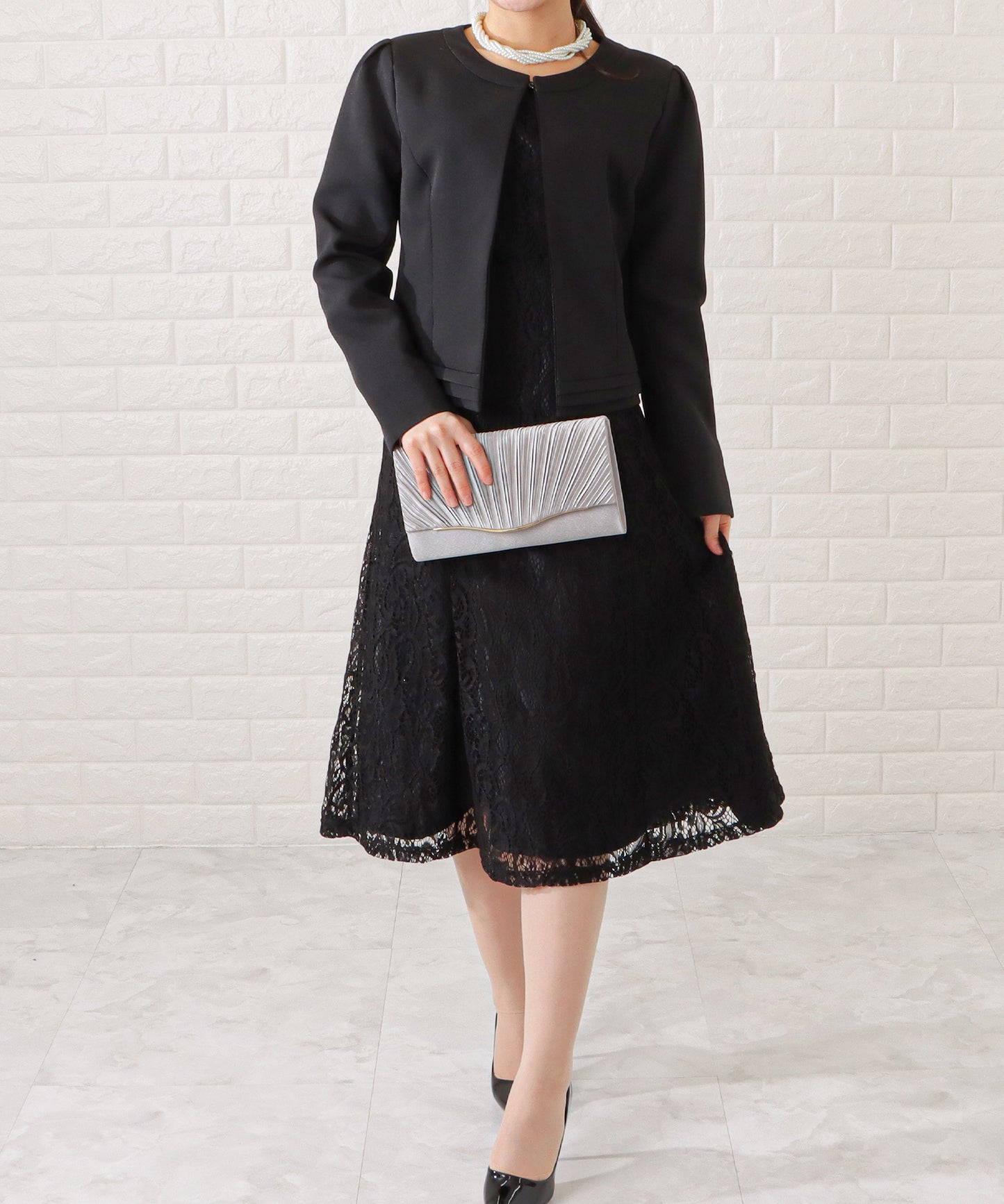 ノーカラージャケット&総レース半袖ワンピースドレス