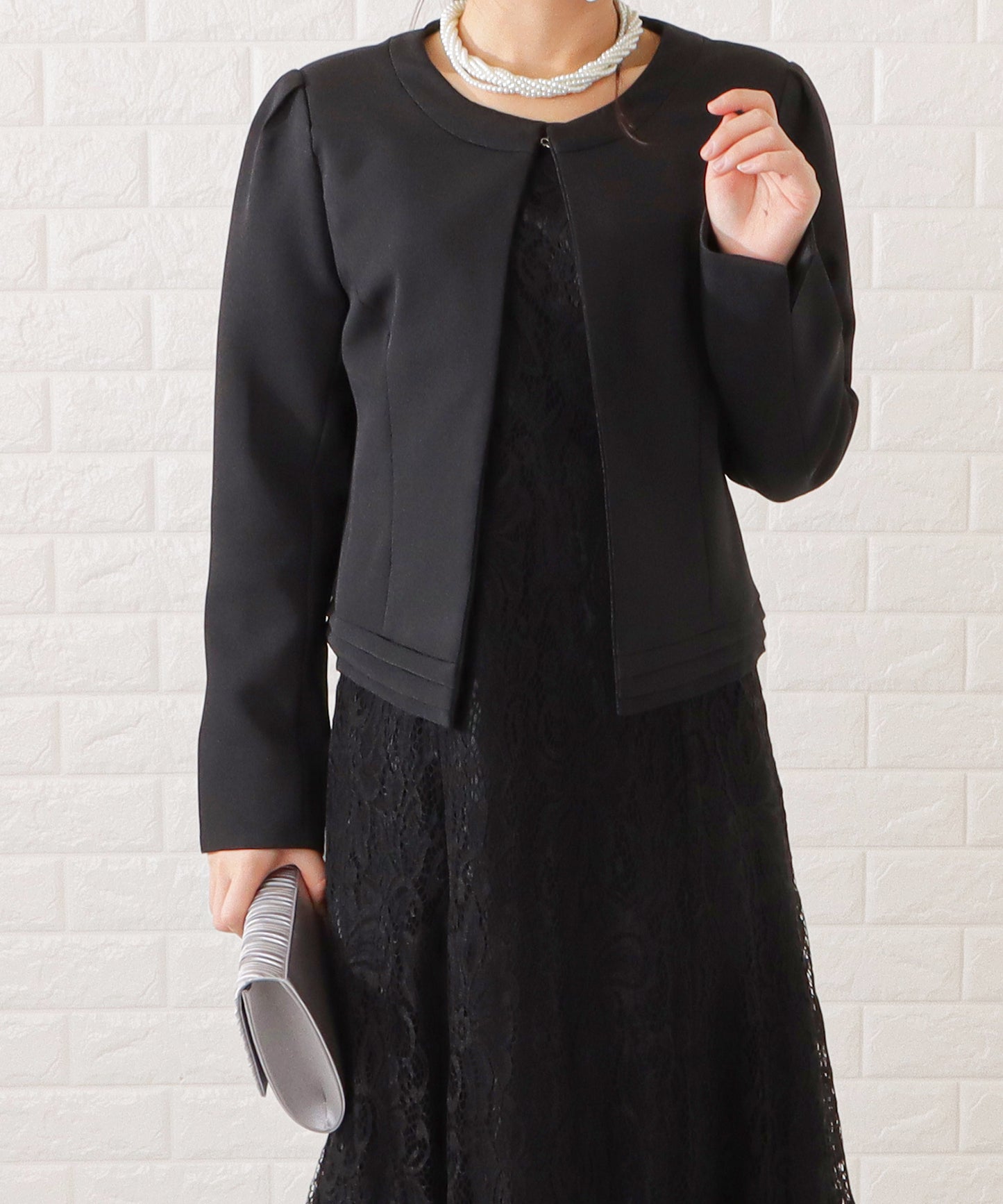 ノーカラージャケット&総レース半袖ワンピースドレス