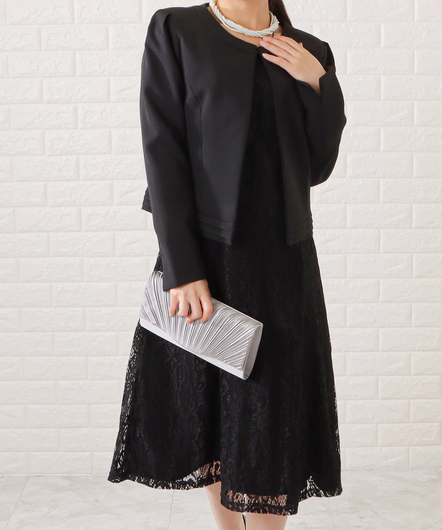 ノーカラージャケット&総レース半袖ワンピースドレス