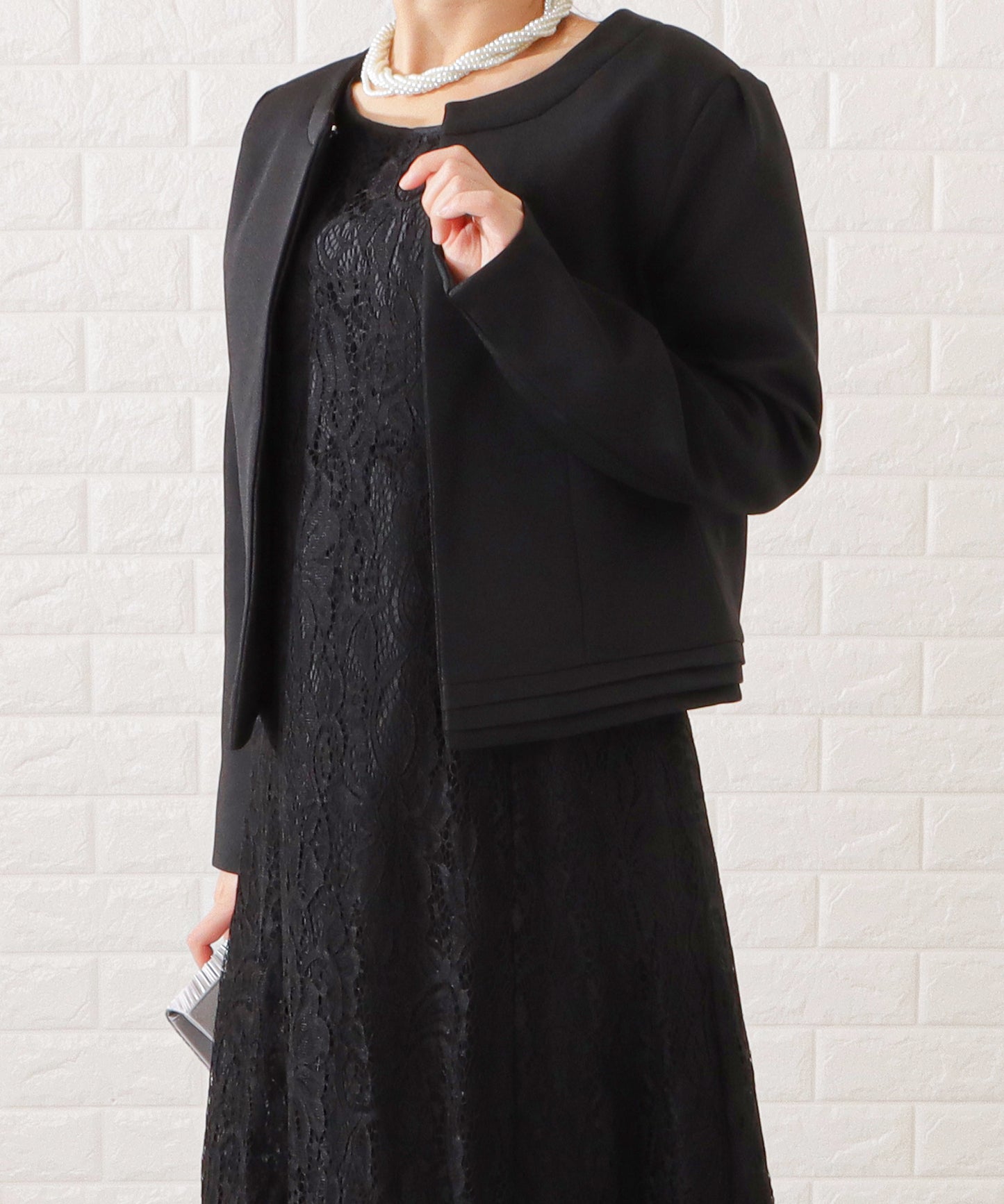 ノーカラージャケット&総レース半袖ワンピースドレス