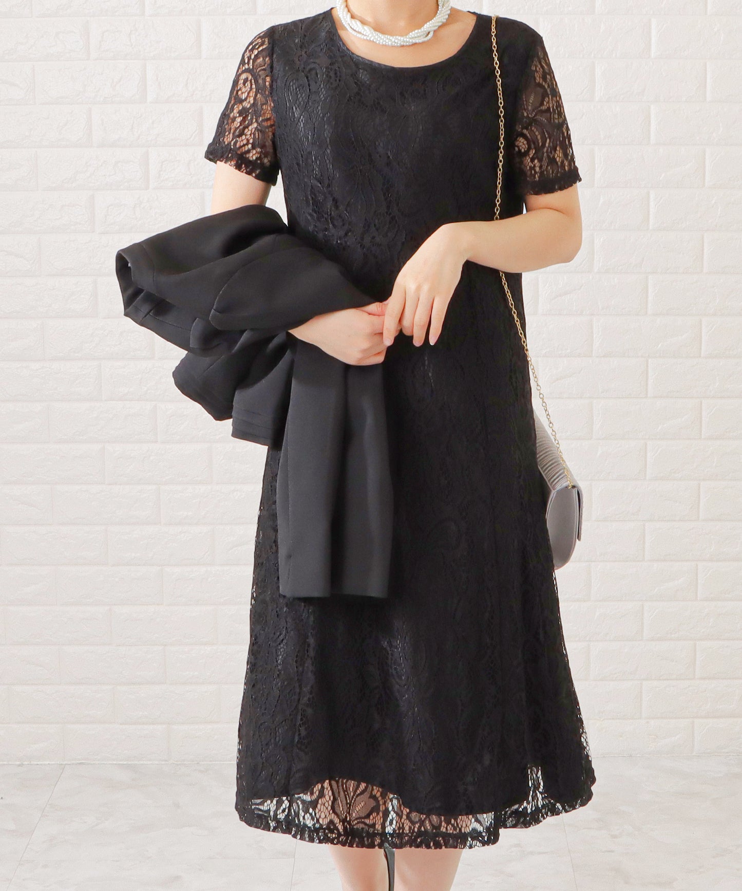 ノーカラージャケット&総レース半袖ワンピースドレス