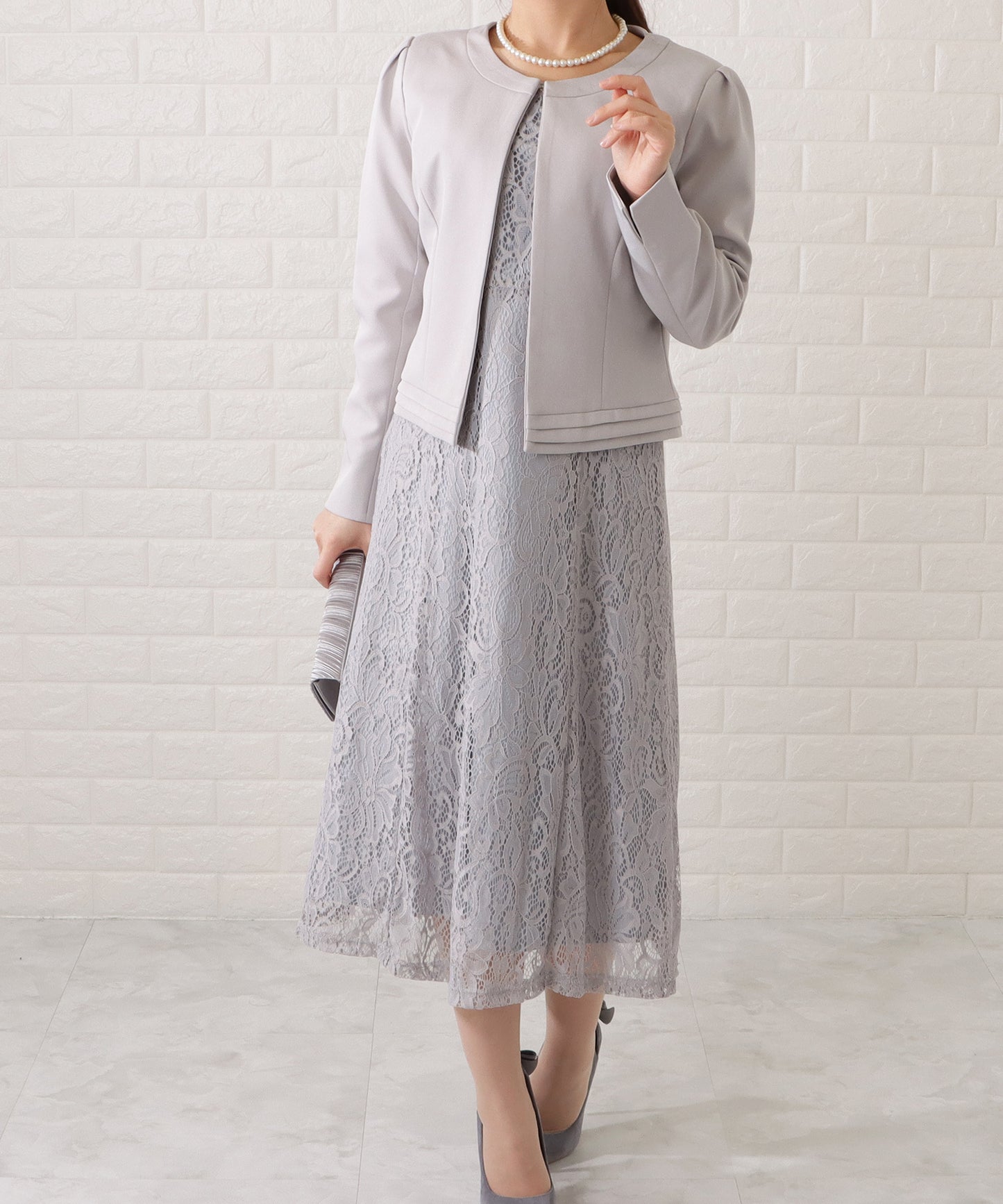 ノーカラージャケット&総レース半袖ワンピースドレス