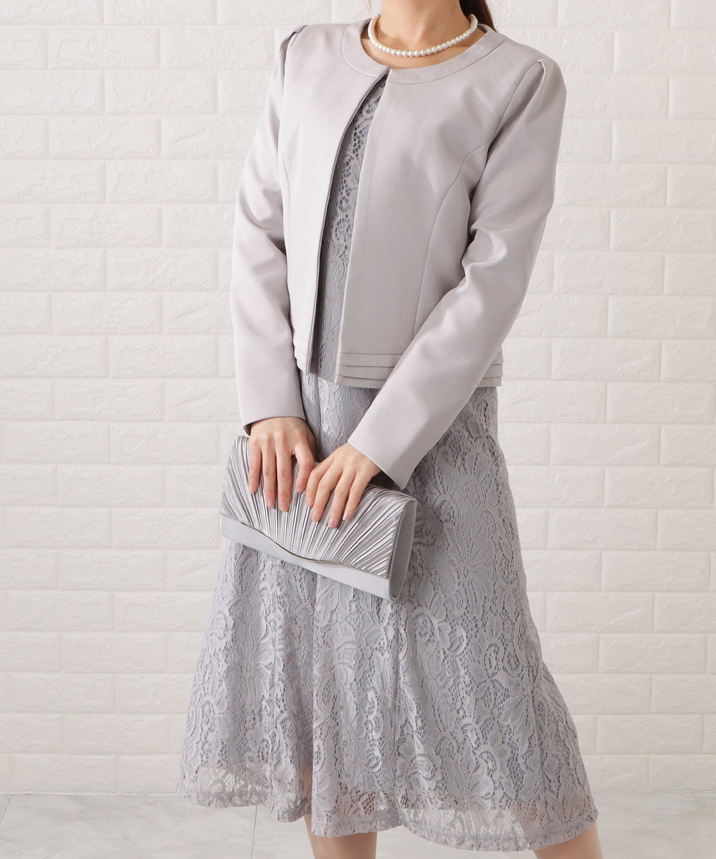 ノーカラージャケット&総レース半袖ワンピースドレス