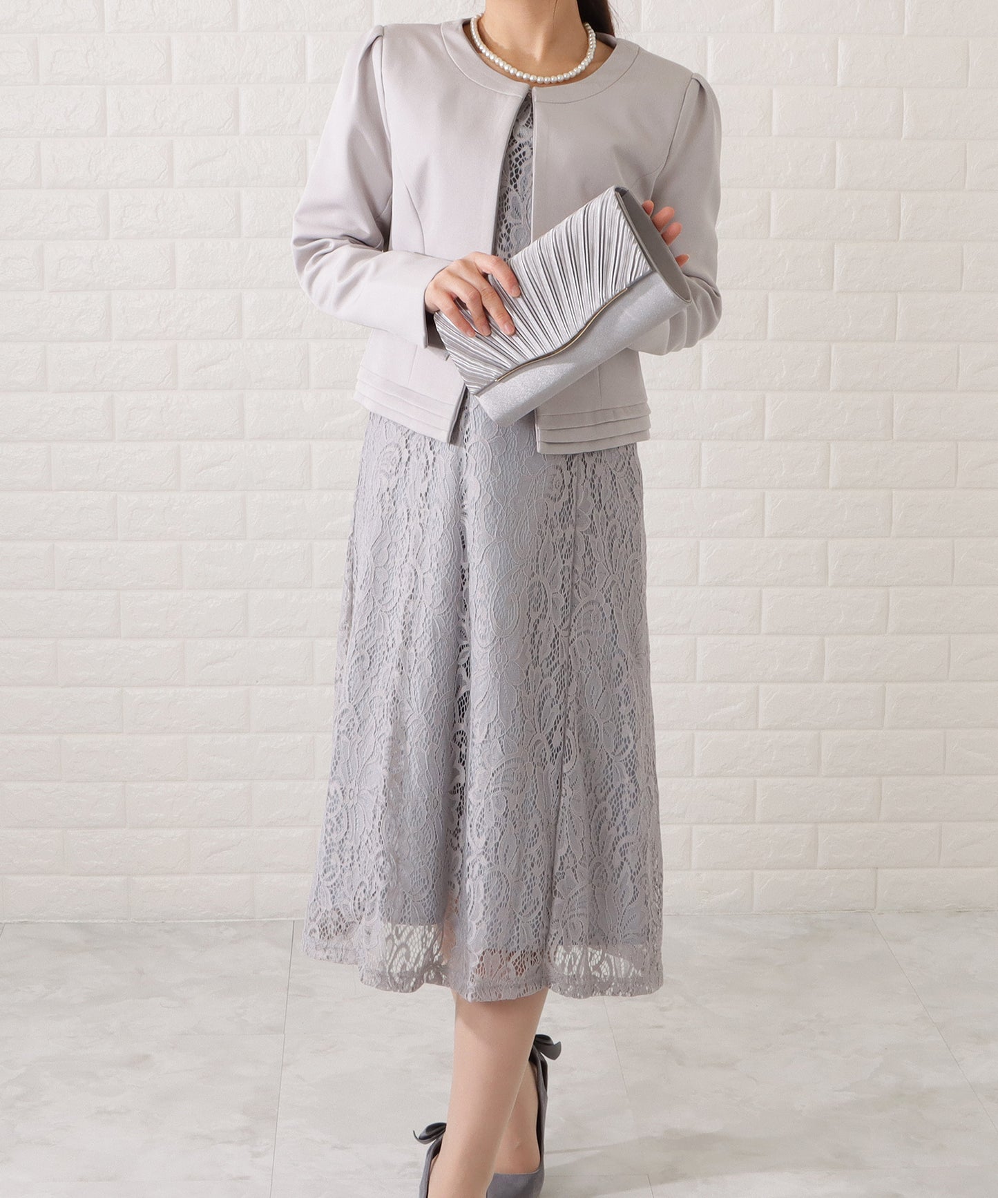 ノーカラージャケット&総レース半袖ワンピースドレス