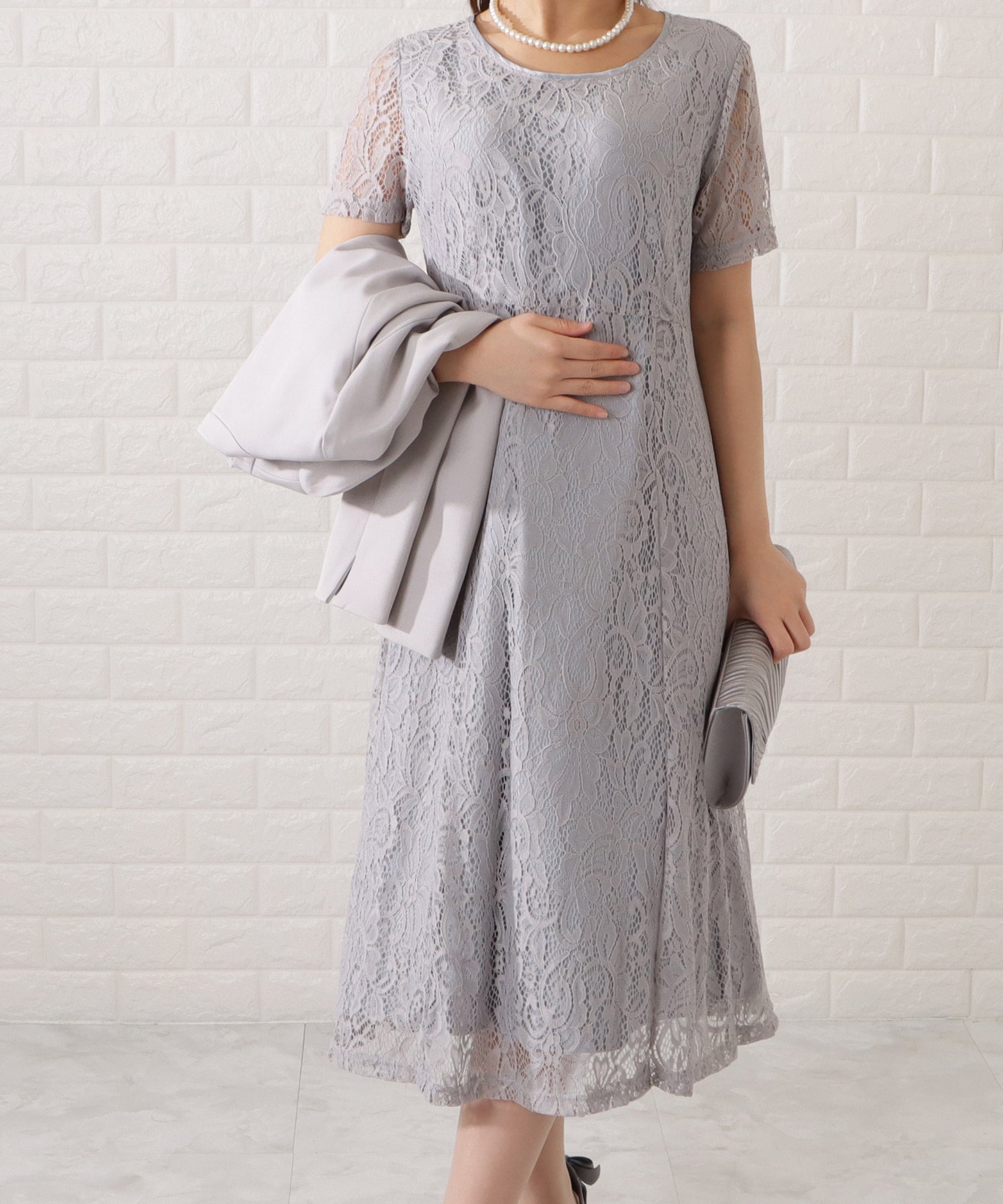 ノーカラージャケット&総レース半袖ワンピースドレス