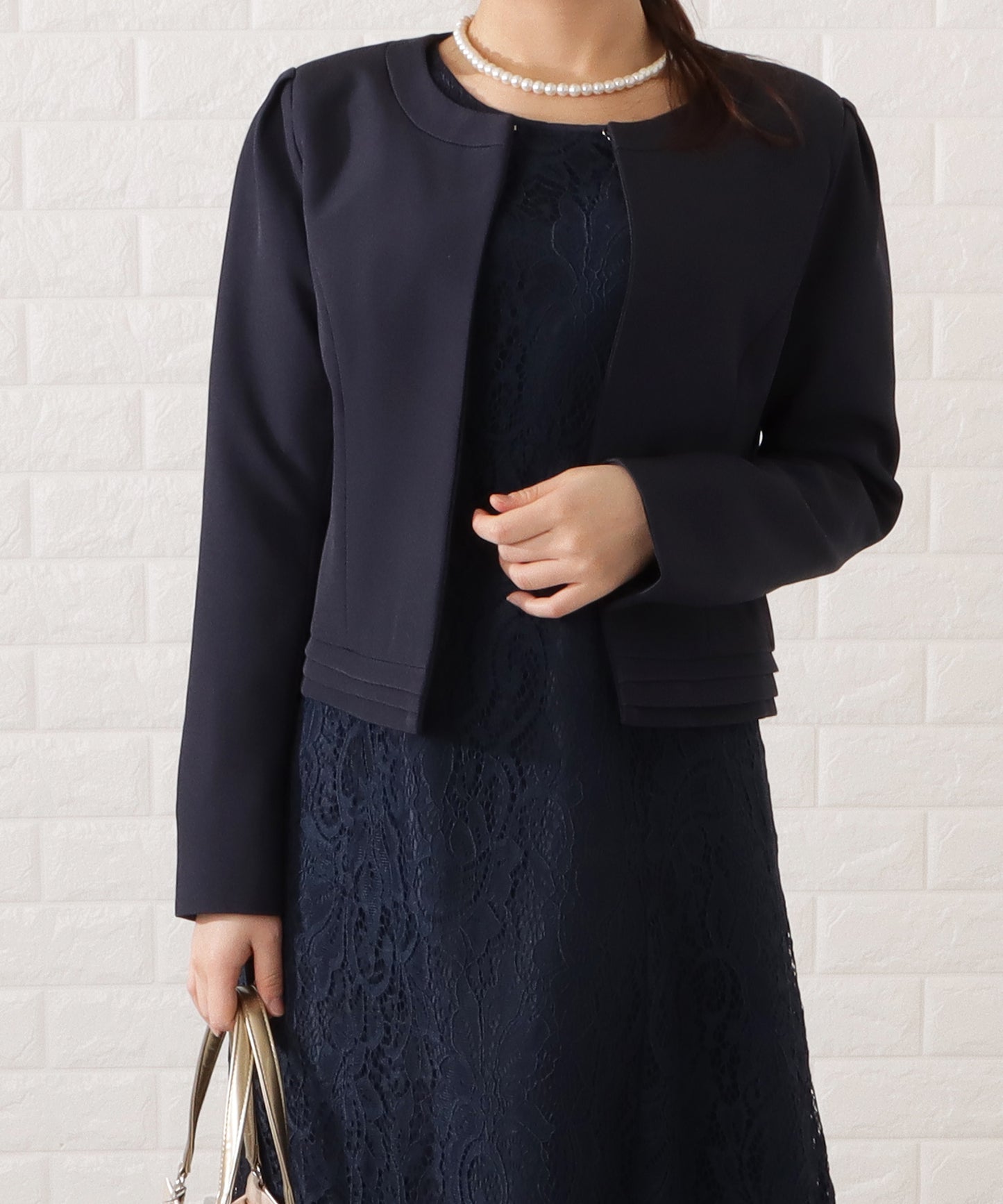 ノーカラージャケット&総レース半袖ワンピースドレス