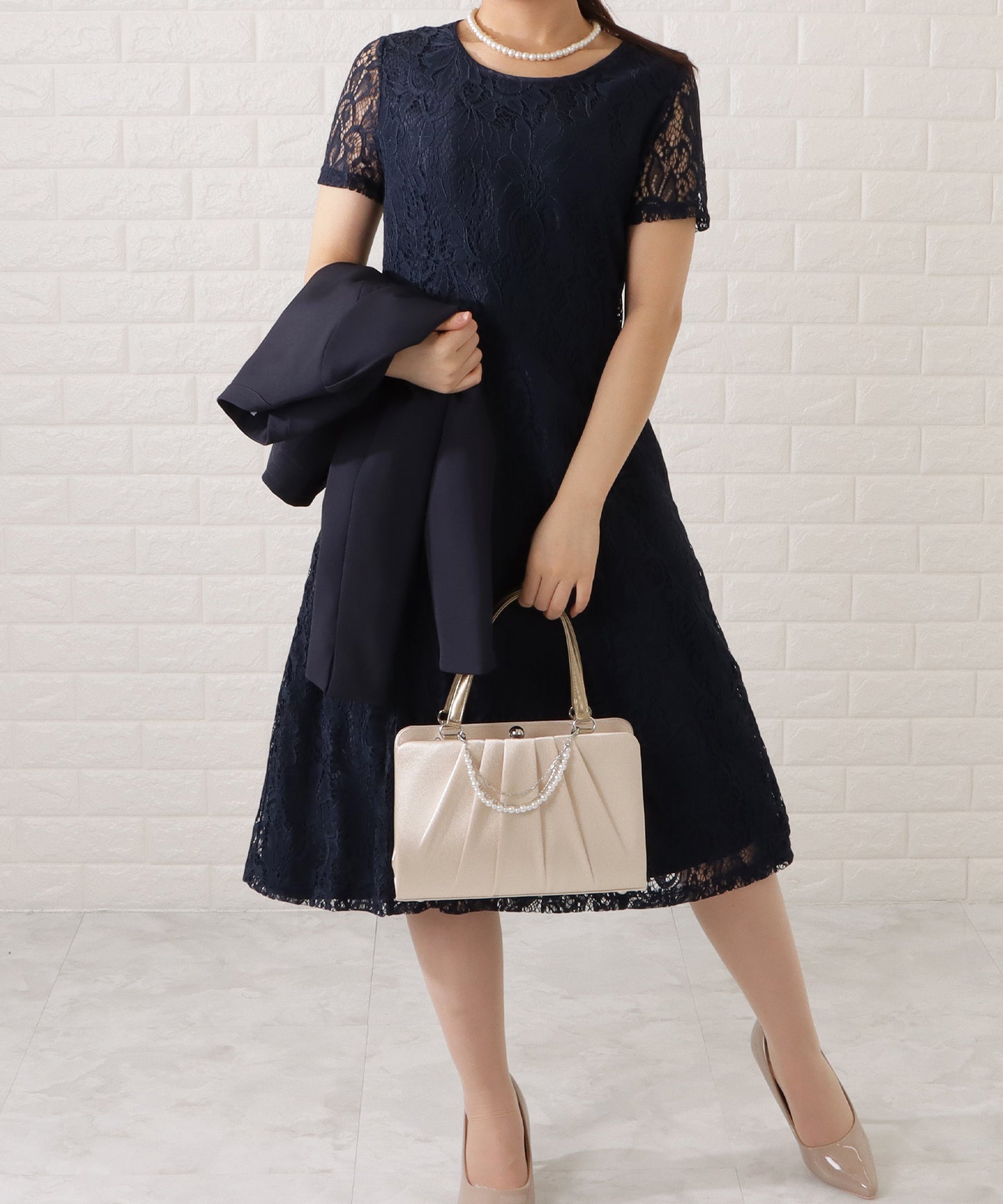 ノーカラージャケット&総レース半袖ワンピースドレス